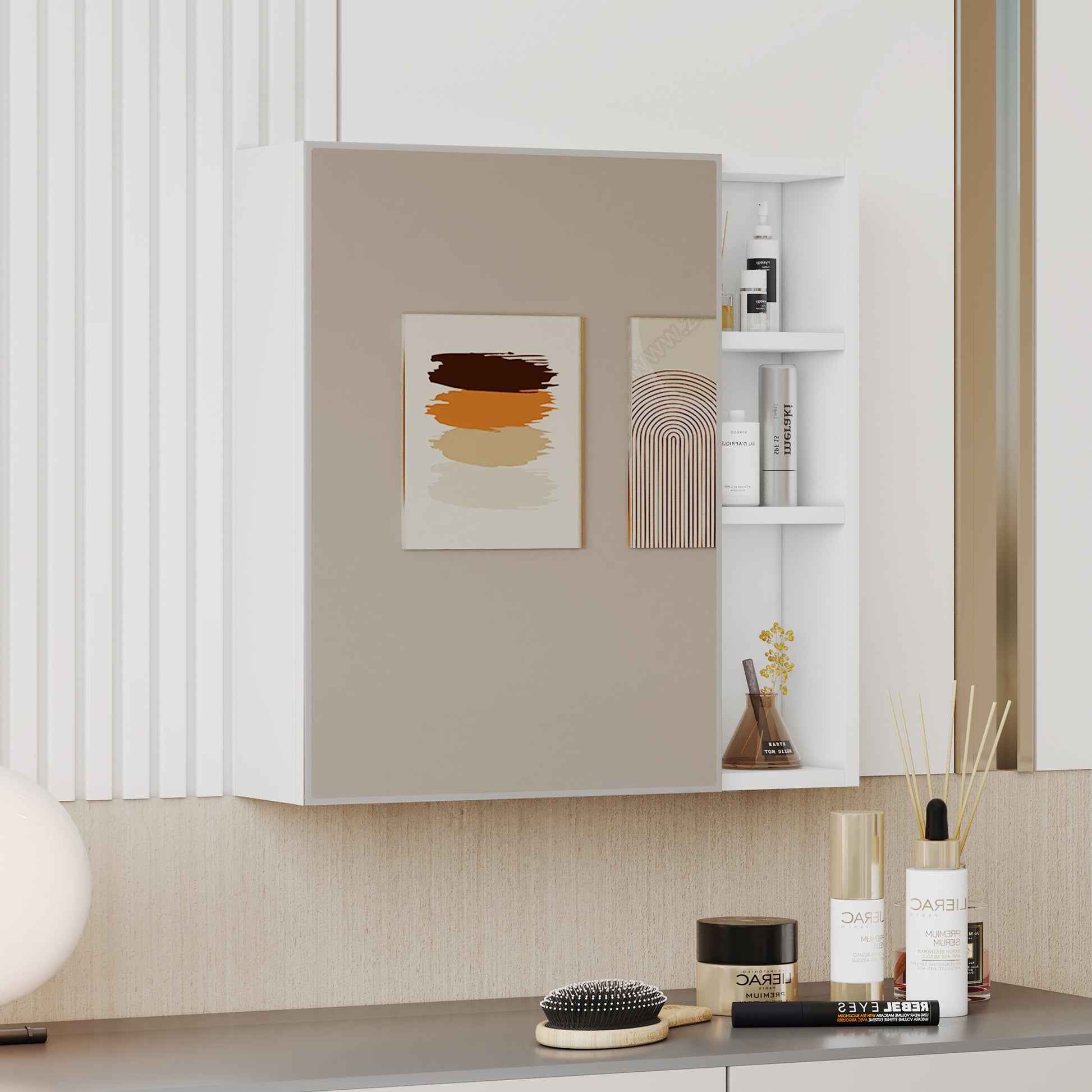 A White Mdf Material Mirror Cabinet, Bathroom Mirror, And A Separate Wall Mounted Bathroom Mirror For Storage And Space Saving. White Mdf Glass