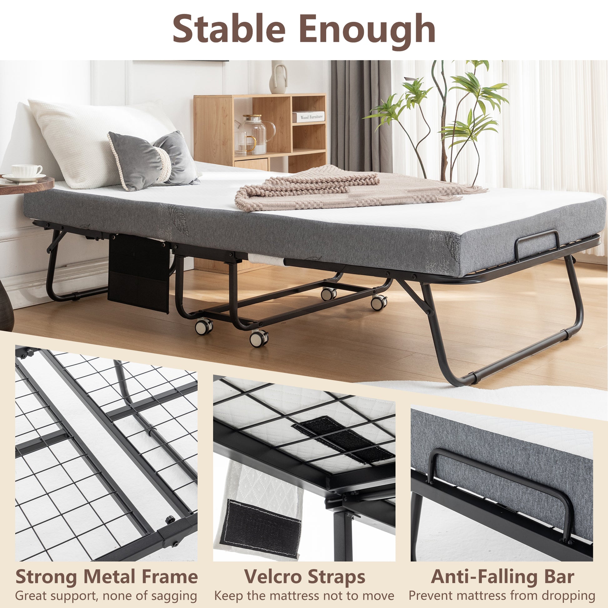Folding Bed With Mattress, Sportable Foldable Bed With Storage Cover, Srollaway Bed For Adults With Memory Foam Mattress And Metal Frame, Scot Size Guest Bed On Wheels, 75 X 38 Black Metal Foam