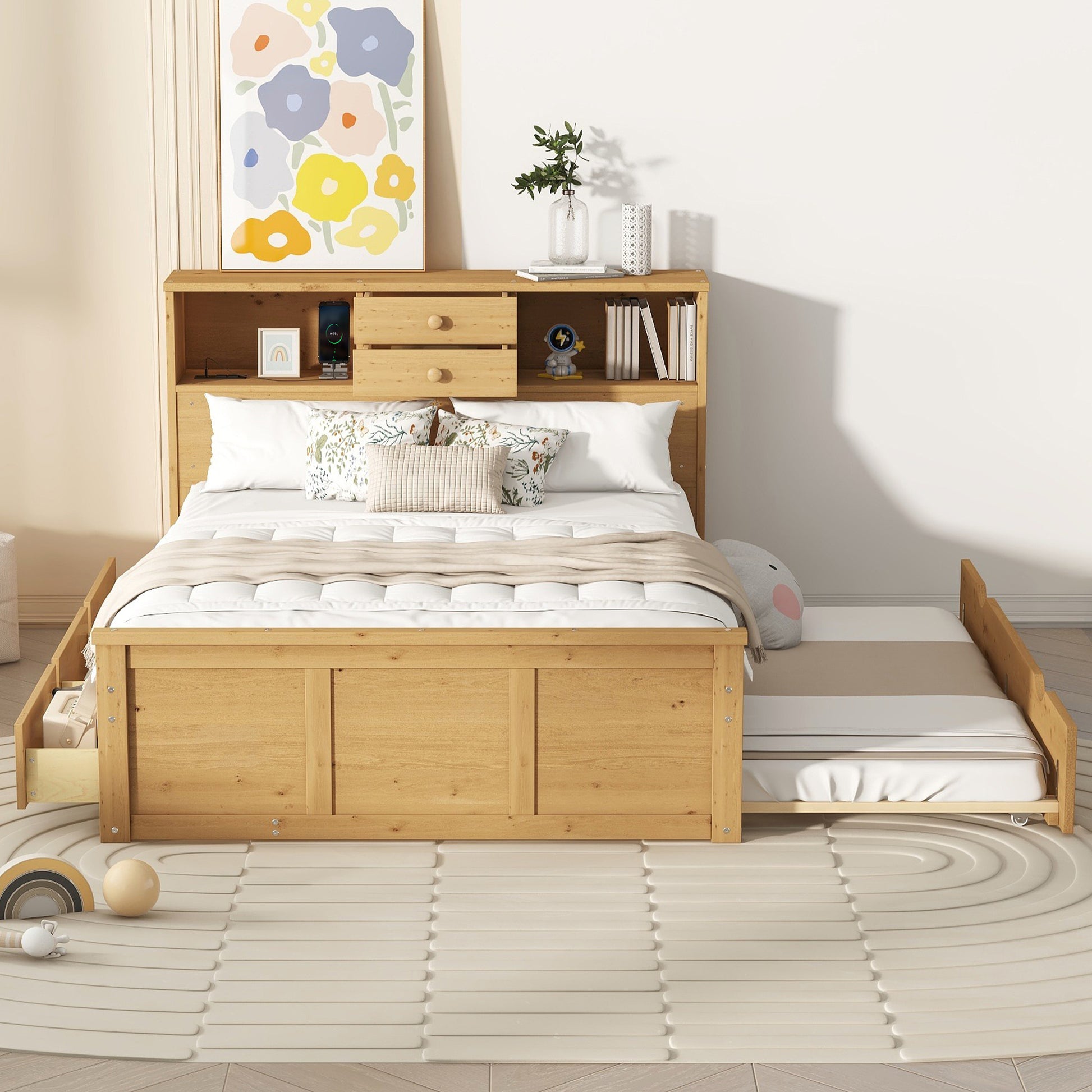 Full Size Wood Pltaform Bed With Twin Size Trundle, 3 Drawers, Upper Shelves And A Set Of Usb Ports & Sockets, Natural Natural Solid Wood Mdf