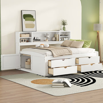 Full Size Wood Daybed With 2 Bedside Cabinets, Upper Shelves And 4 Drawers, White White Solid Wood Mdf