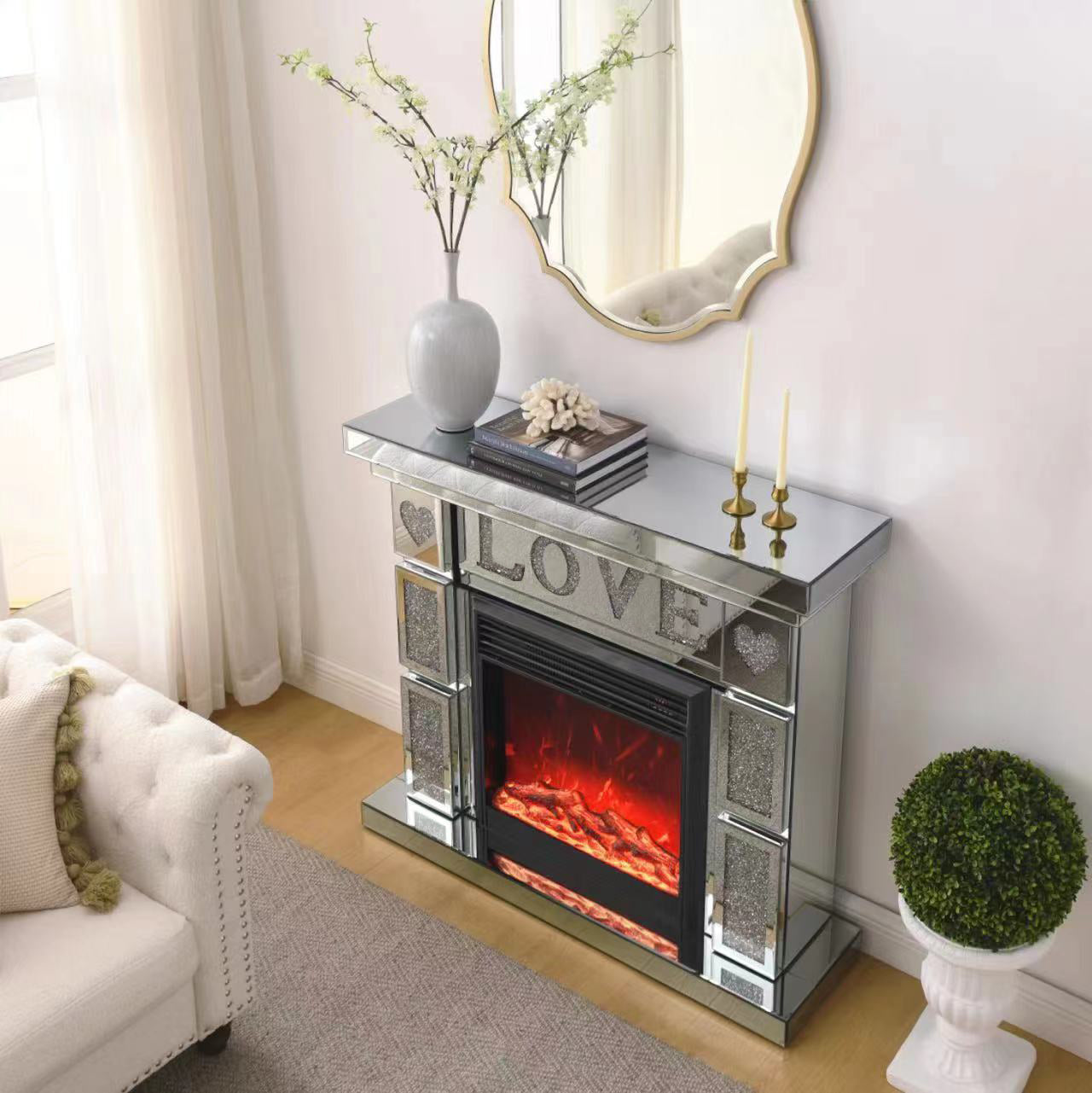 W 46" X D 12.6 X H 41"Acrylic Diamond Mirror Fireplace Cabinet, Tv Fireplace Cabinet Powder Coated Electric Bedroom Yes Freestanding Electric 41 50 Yes Silver 400 Natural Vent American Design Acrylic Mdf Glass