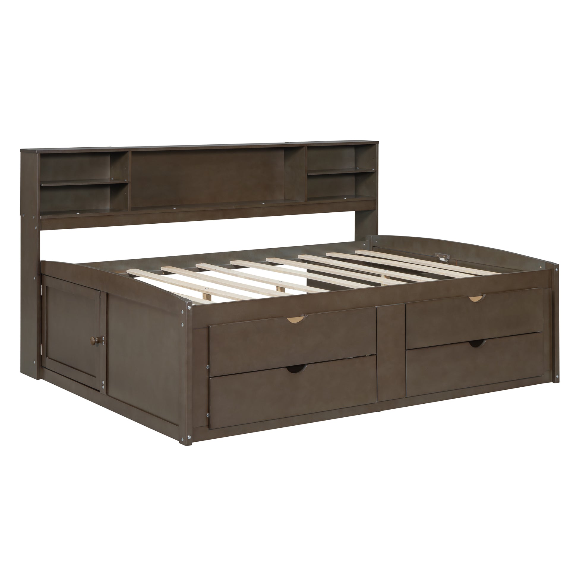 Full Size Wood Daybed With 2 Bedside Cabinets, Upper Shelves And 4 Drawers, Antique Brown Antique Brown Solid Wood Mdf