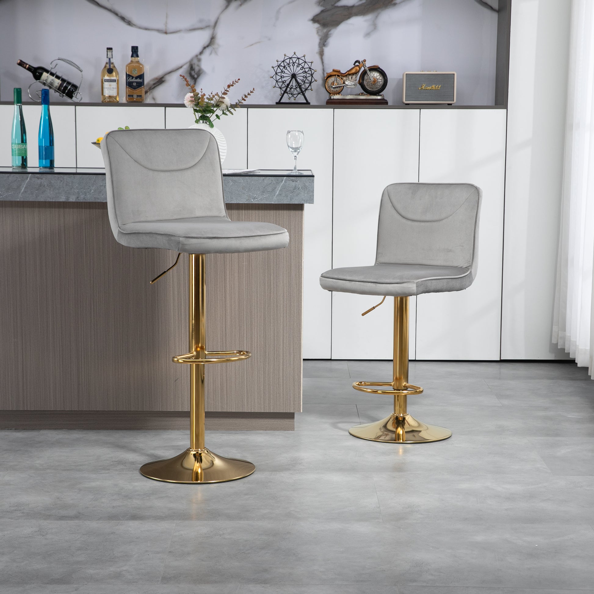 Coolmore Bar Stools With Back And Footrest Counter Height Dining Chairs 2Pc Set,360 Velvet Swivel Bar Stools Set Of 2, Adjustable Counter Height Bar Chairs Gray Velvet Gray Primary Living Space Foam Velvet
