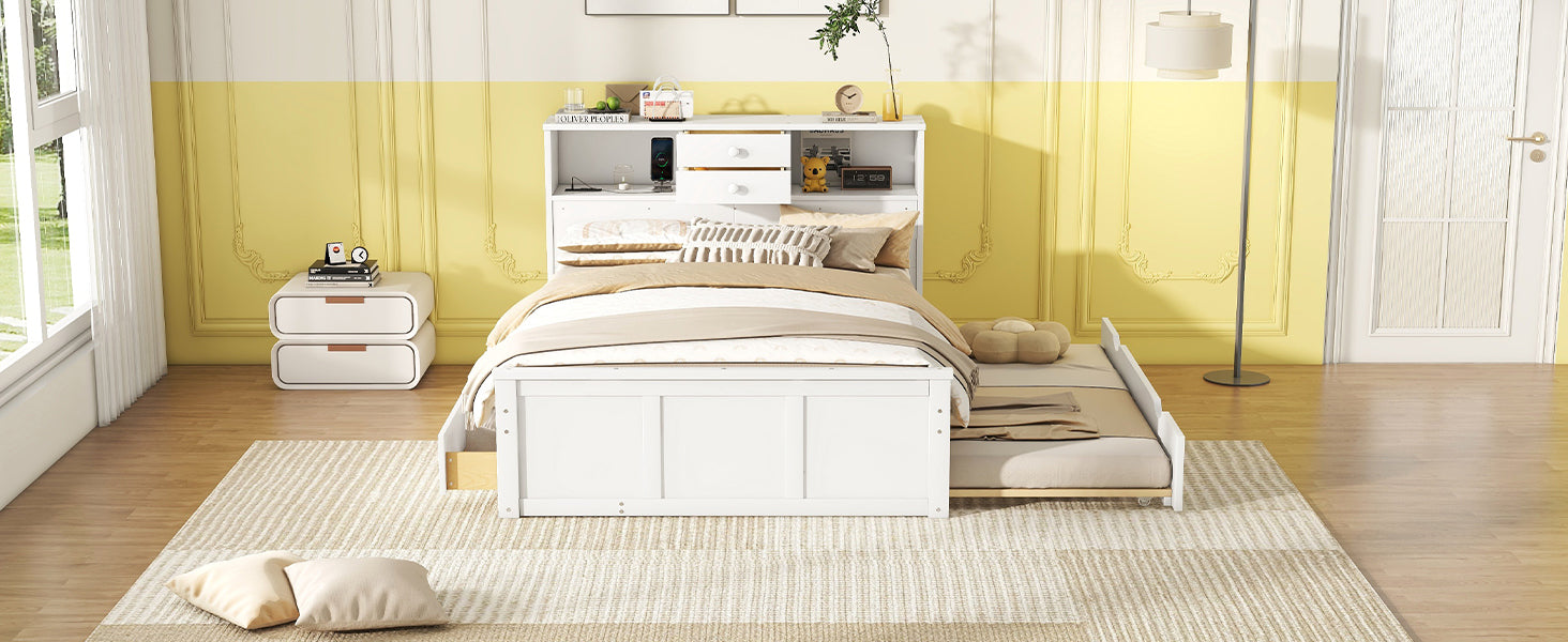 Full Size Wood Pltaform Bed With Win Size Trundle, 3 Drawers, Upper Shelves And A Set Of Usb Ports & Sockets, White White Solid Wood Mdf