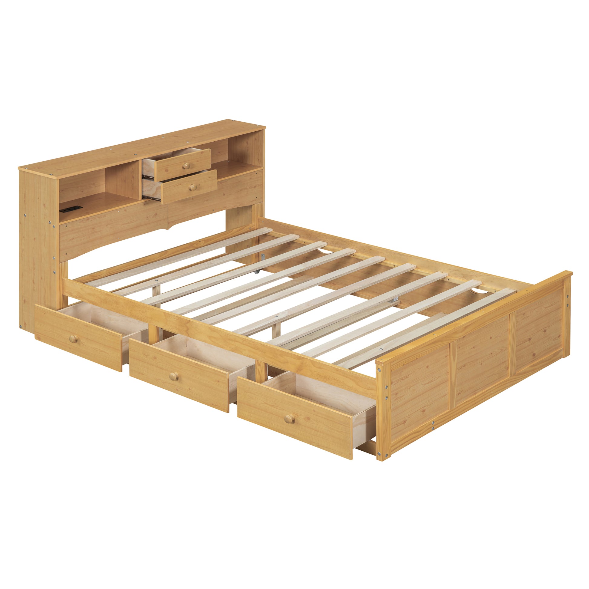Full Size Wood Pltaform Bed With Twin Size Trundle, 3 Drawers, Upper Shelves And A Set Of Usb Ports & Sockets, Natural Natural Solid Wood Mdf