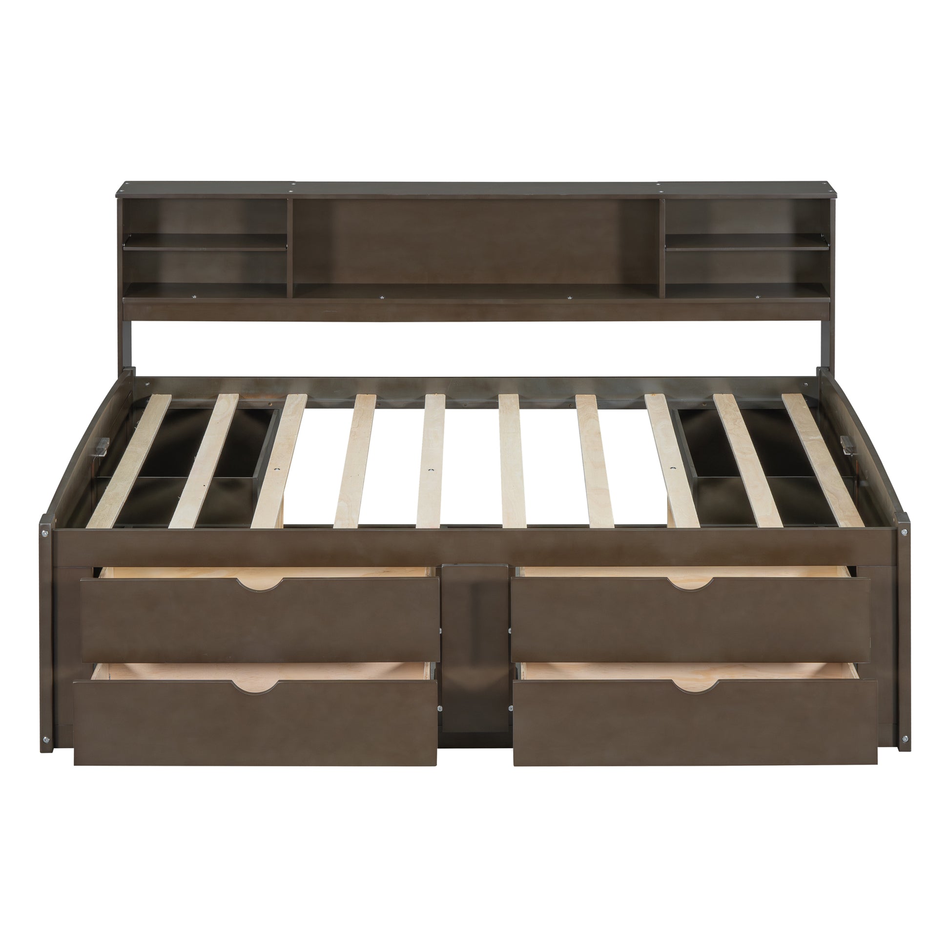 Full Size Wood Daybed With 2 Bedside Cabinets, Upper Shelves And 4 Drawers, Antique Brown Antique Brown Solid Wood Mdf