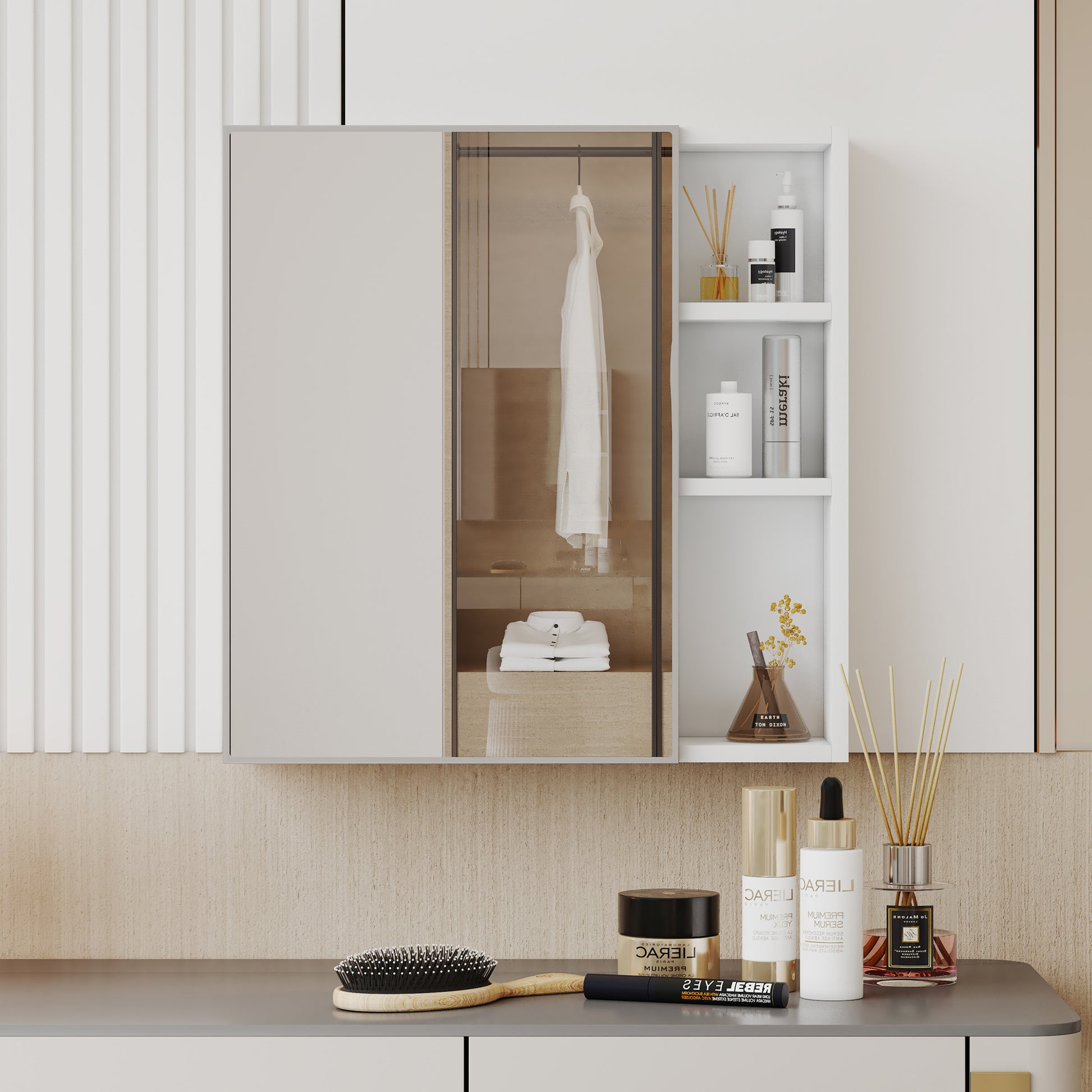 A White Mdf Material Mirror Cabinet, Bathroom Mirror, And A Separate Wall Mounted Bathroom Mirror For Storage And Space Saving. White Mdf Glass