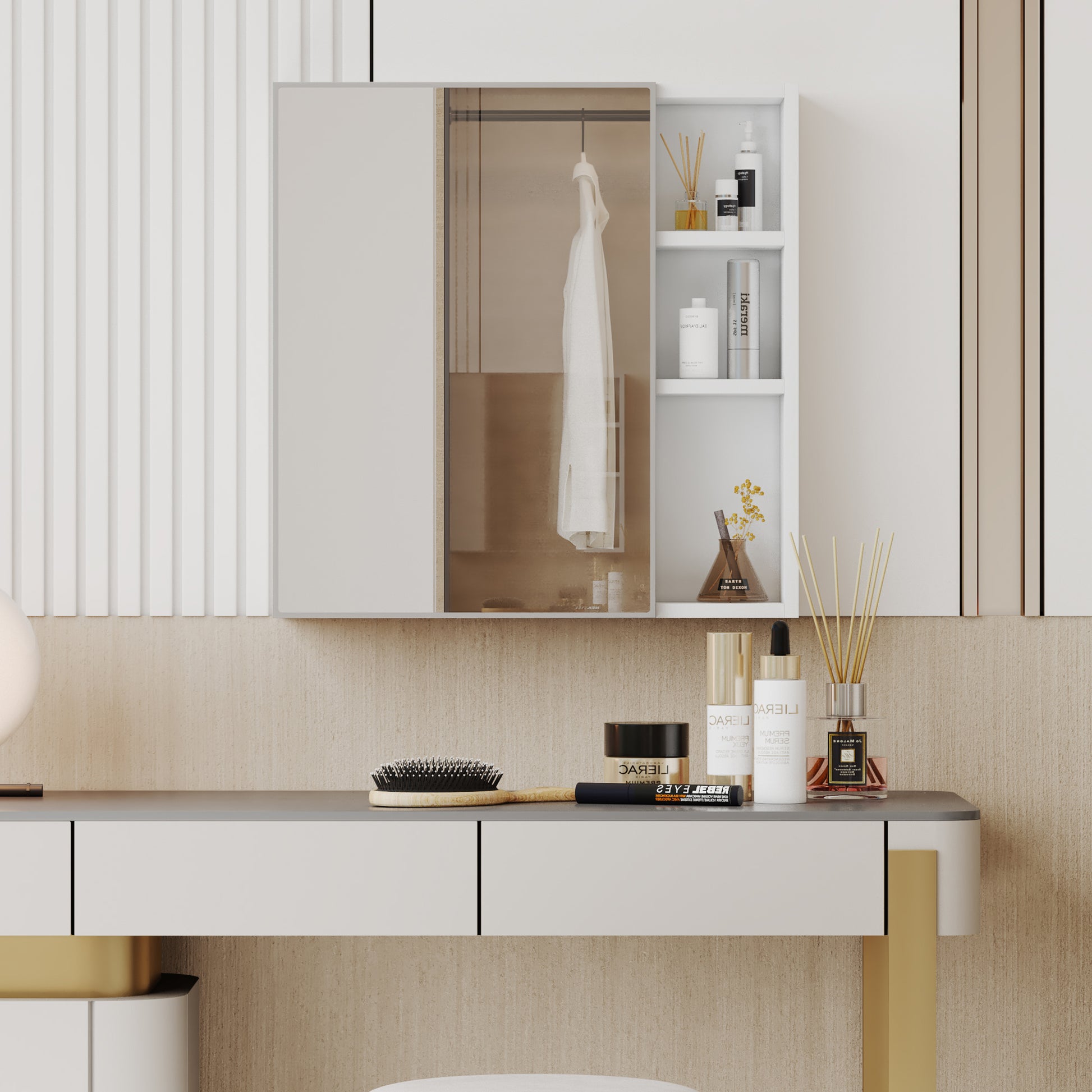 A White Mdf Material Mirror Cabinet, Bathroom Mirror, And A Separate Wall Mounted Bathroom Mirror For Storage And Space Saving. White Mdf Glass