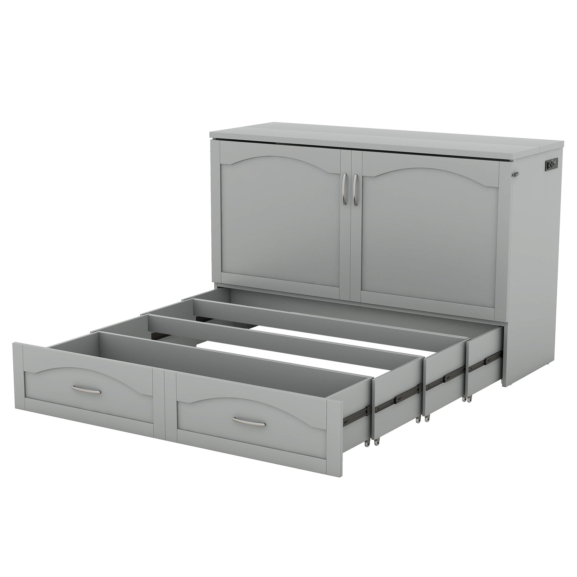 Queen Size Murphy Bed Wall Bed With Drawer And A Set Of Sockets & Usb Ports, Pulley Structure Design, Gray Gray Solid Wood Mdf