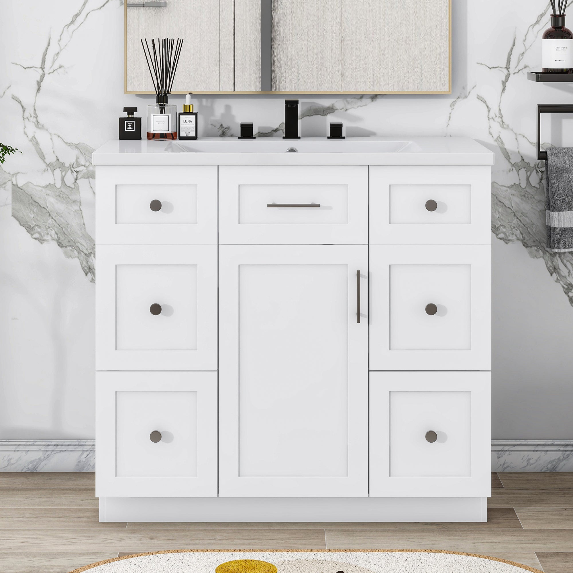 Modern White 36 Inch Freestanding Bathroom Vanity Cabinet With Resin Integrated Basin With 4 Drawers 1 Soft Close Door, Multi Functional Storage White Mdf