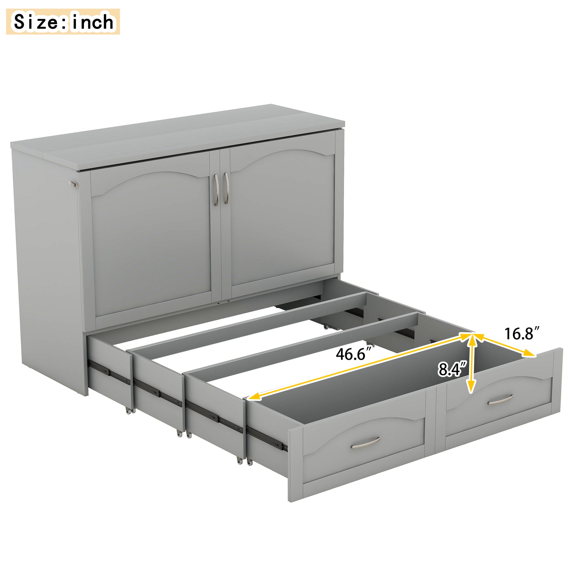 Full Size Murphy Bed Wall Bed With Drawer And A Set Of Sockets & Usb Ports, Pulley Structure Design, Gray Gray Solid Wood Mdf