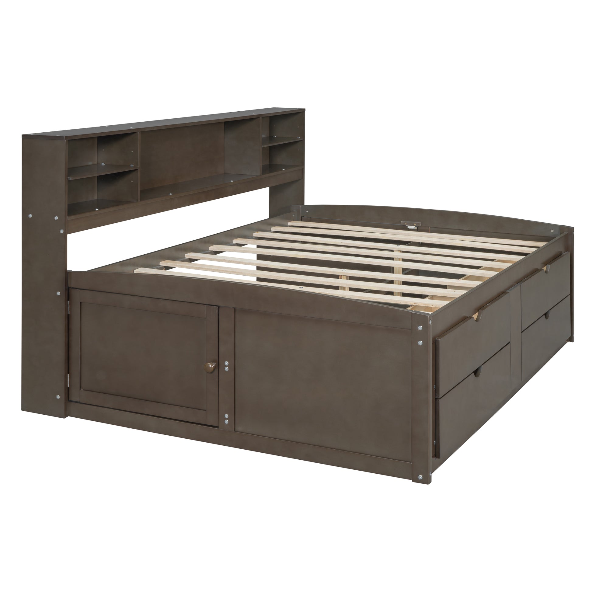 Full Size Wood Daybed With 2 Bedside Cabinets, Upper Shelves And 4 Drawers, Antique Brown Antique Brown Solid Wood Mdf