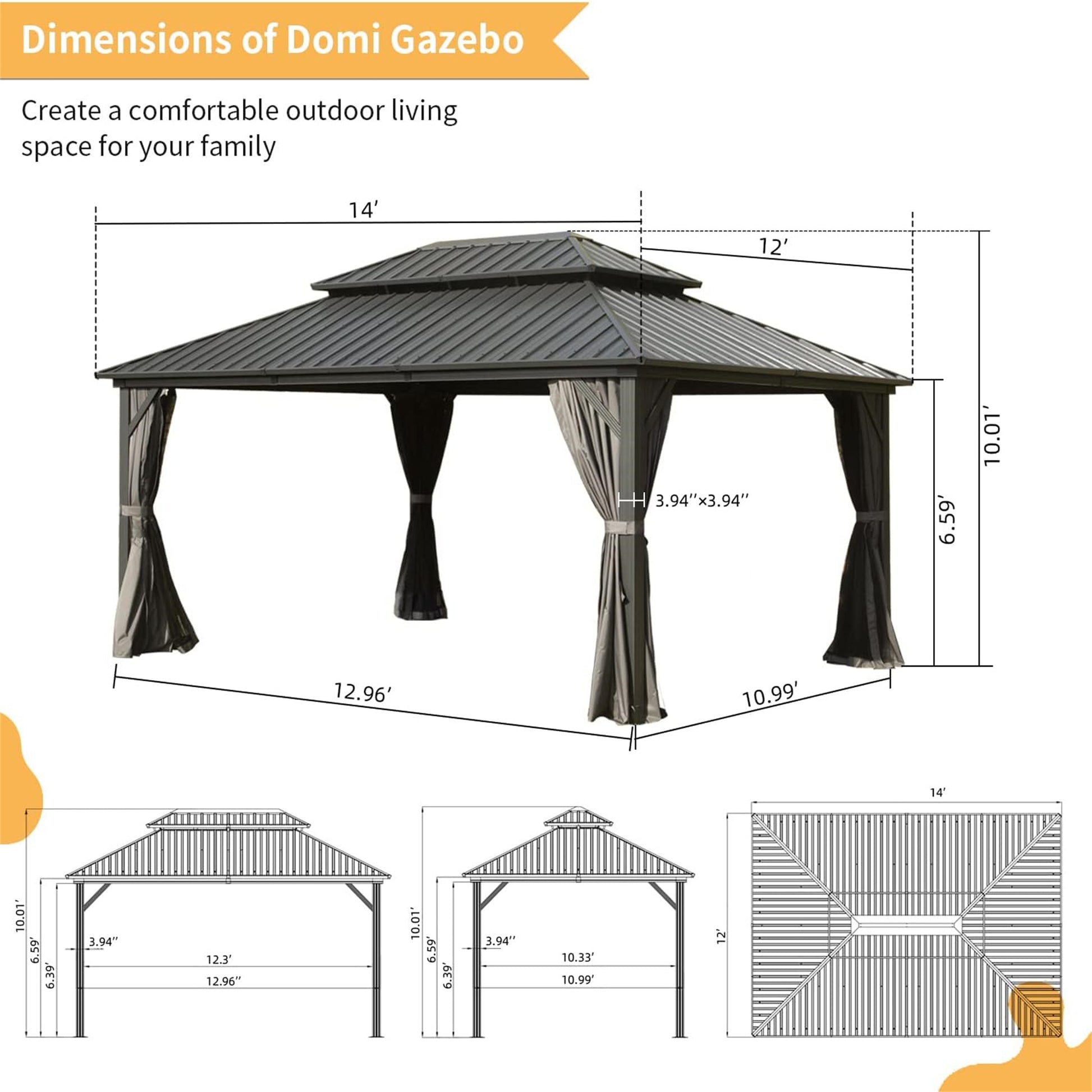 12' X 14' Hardtop Gazebo, Aluminum Metal Gazebo With Galvanized Steel Double Roof Canopy, Curtain And Netting, Permanent Gazebo Pavilion For Patio, Backyard, Deck, Lawn Gray Aluminum