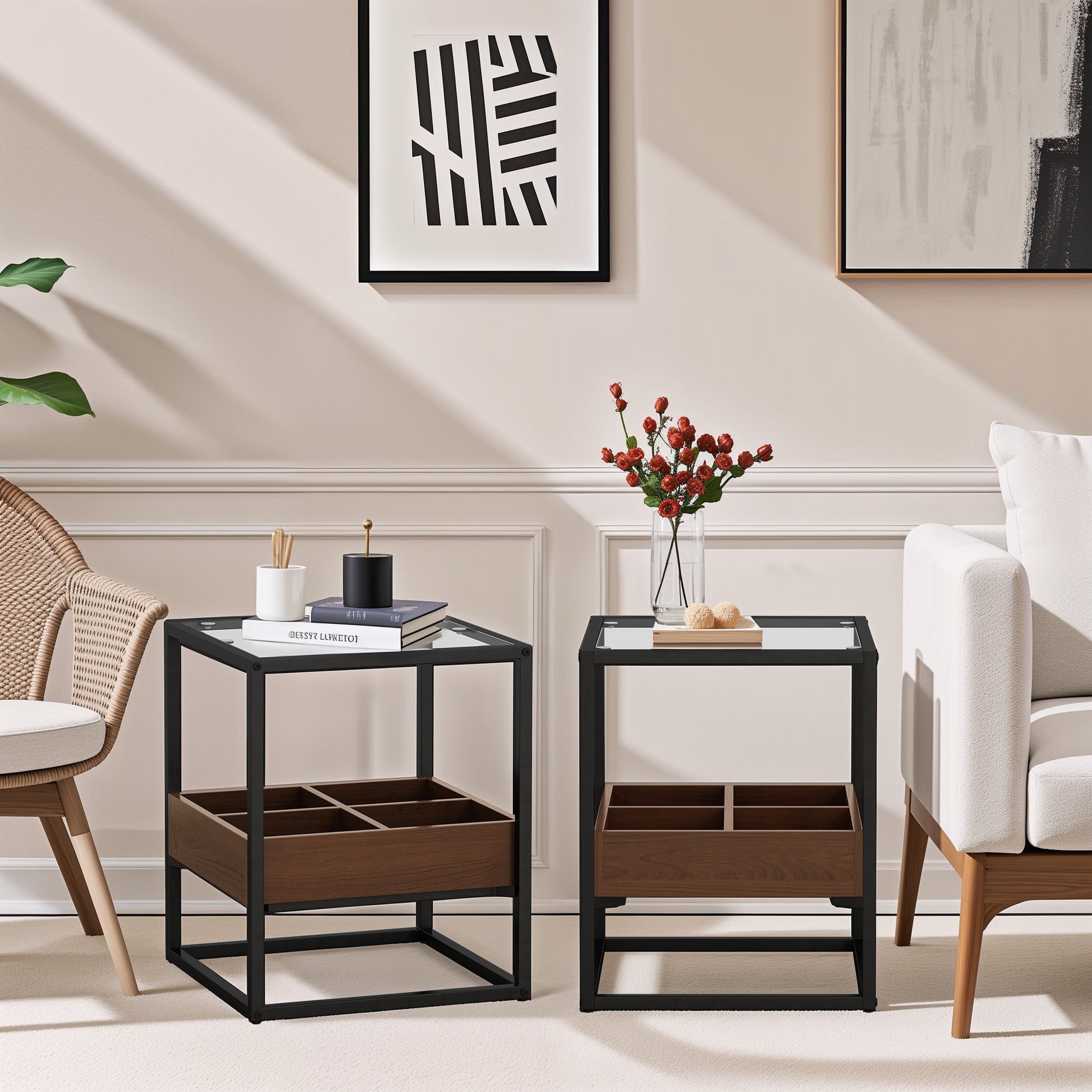 17.72" Modern Coffee Table Side Table, Nightstand With Storage Shelf And Metal Legs For Bedroom, Living Room Set Of 2 Black Mdf Glass
