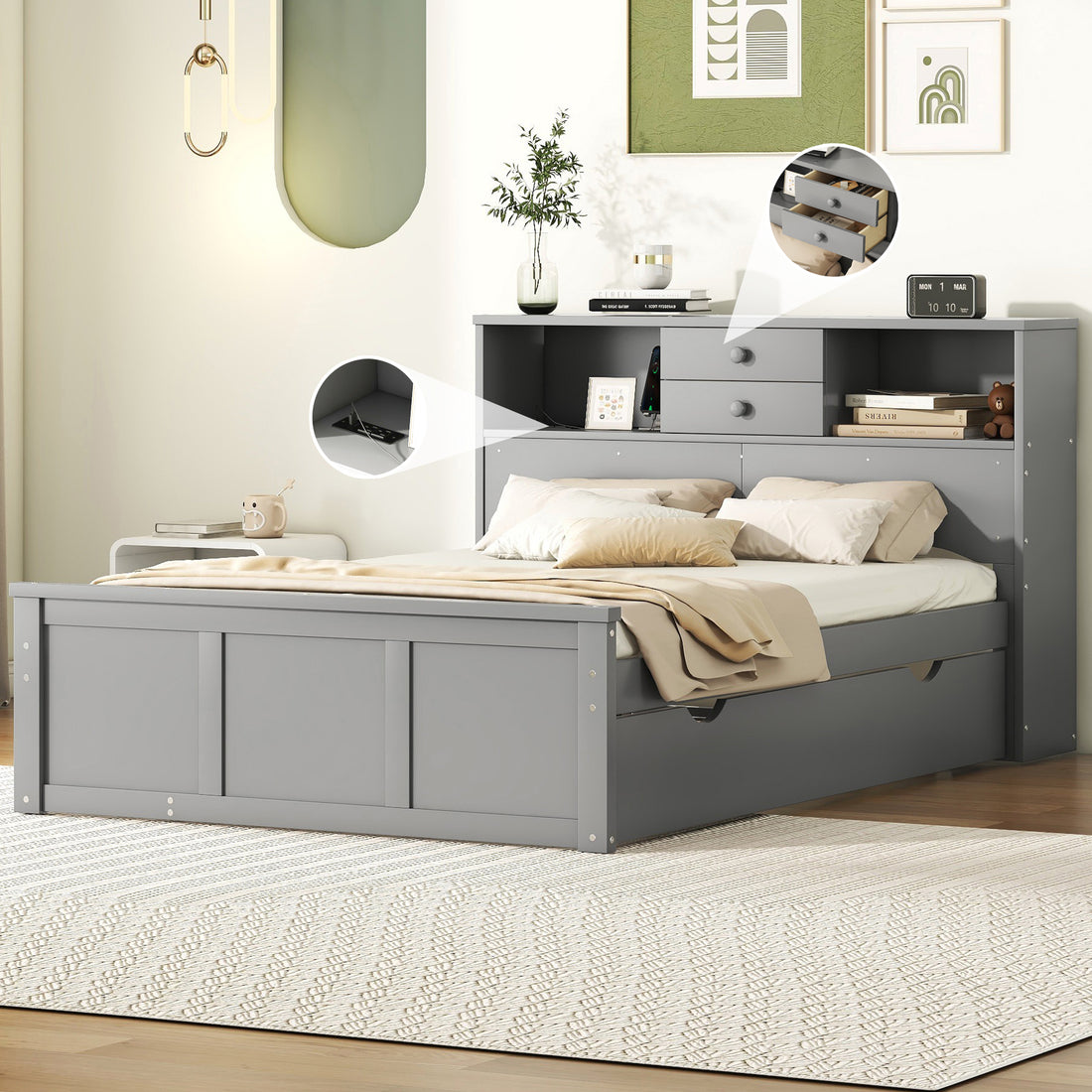 Full Size Wood Pltaform Bed With Win Size Trundle, 3 Drawers, Upper Shelves And A Set Of Usb Ports & Sockets, Gray Gray Solid Wood Mdf