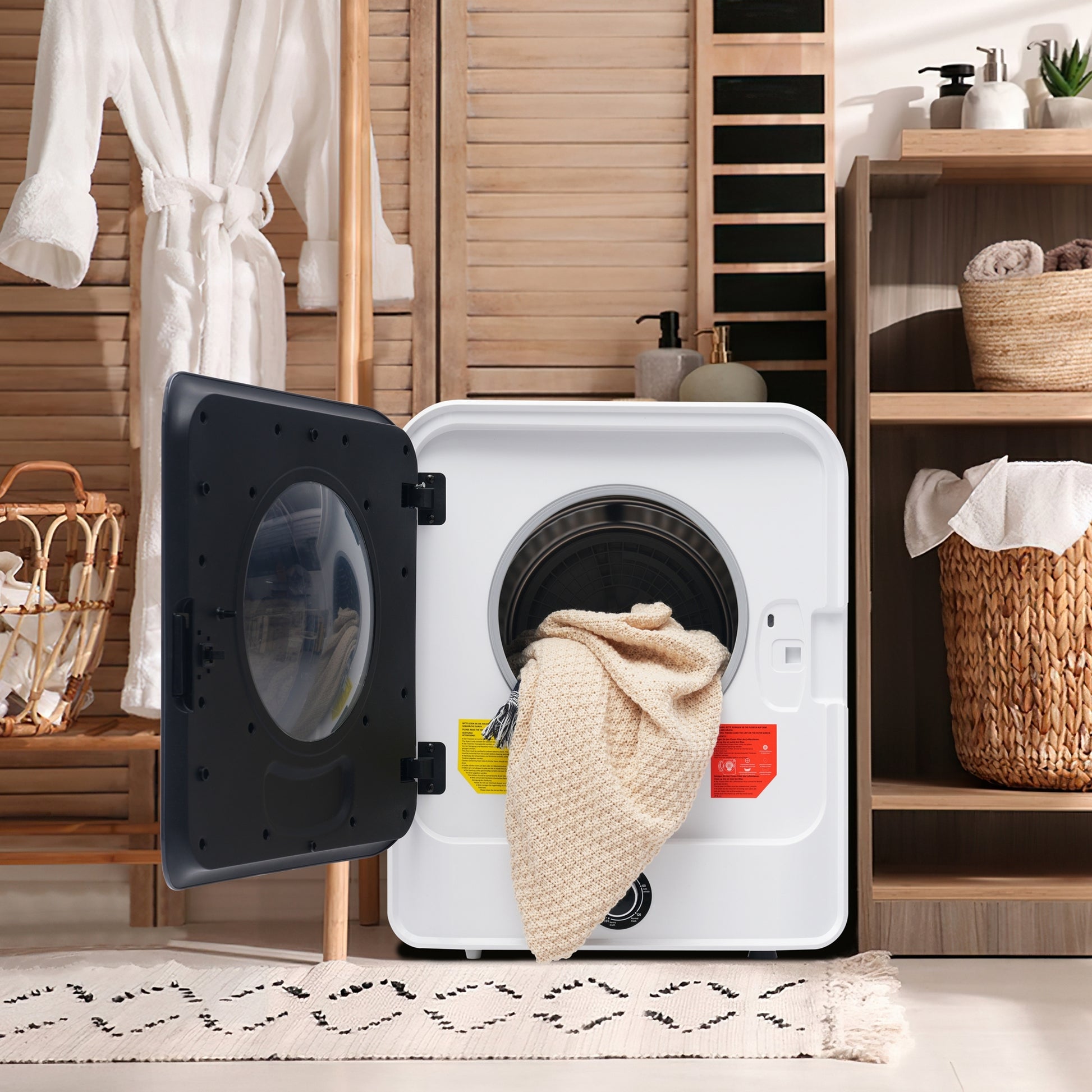 1.95 Cu.Ft Front Load Clothes Dryer, Portable Compact Dryer 830W, 5 Drying Modes, Stainless Steel Drum, With Overheat Protection, Dust Removal, Deodorization And Lint Removal Functions, Black Door Black Abs Steel Q235