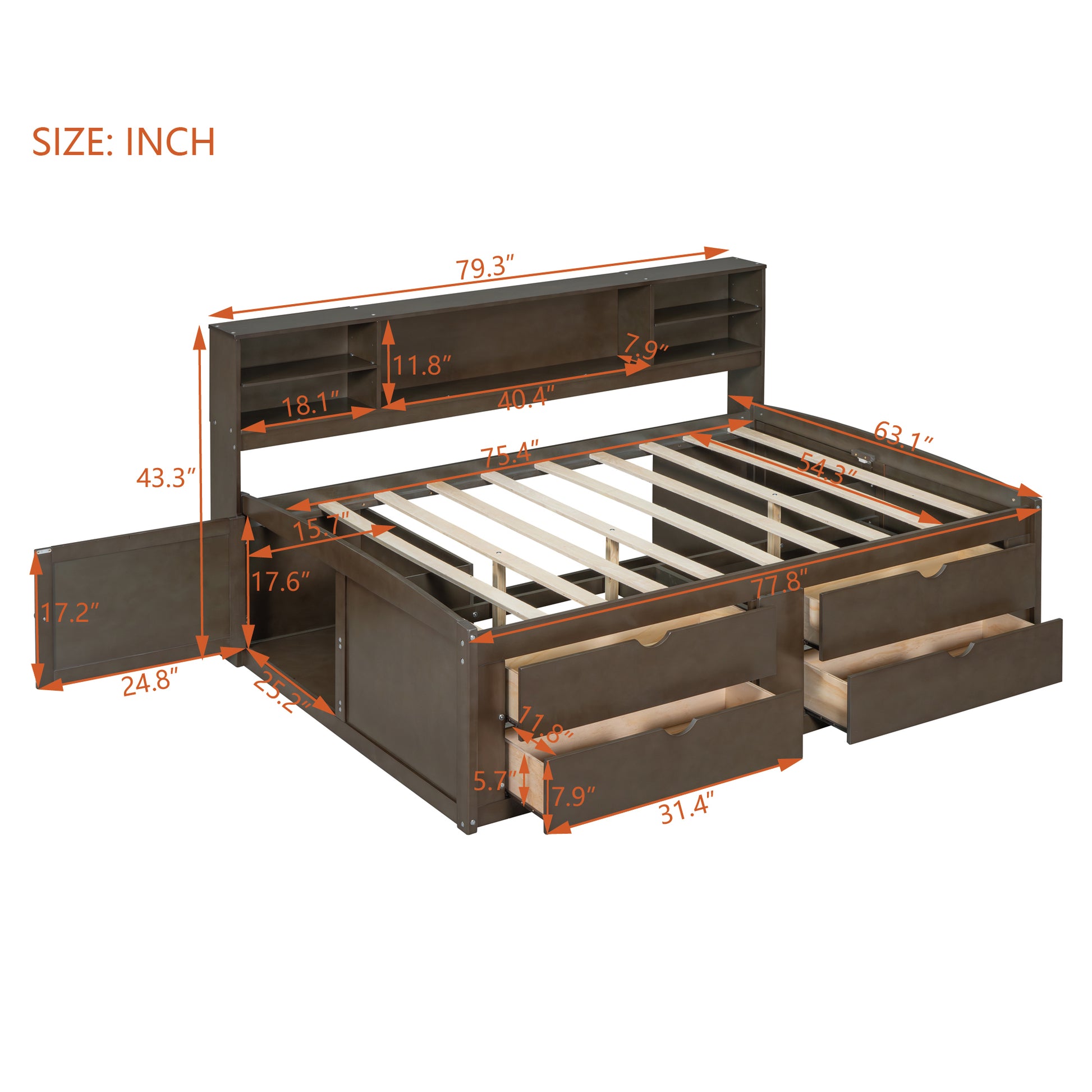 Full Size Wood Daybed With 2 Bedside Cabinets, Upper Shelves And 4 Drawers, Antique Brown Antique Brown Solid Wood Mdf