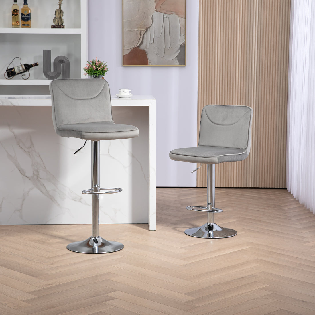 Coolmore Bar Stools With Back And Footrest Counter Height Dining Chairs 2Pc Set,360 Velvet Swivel Bar Stools Set Of 2, Adjustable Counter Height Bar Chairs Gray Velvet Gray Primary Living Space Foam Velvet