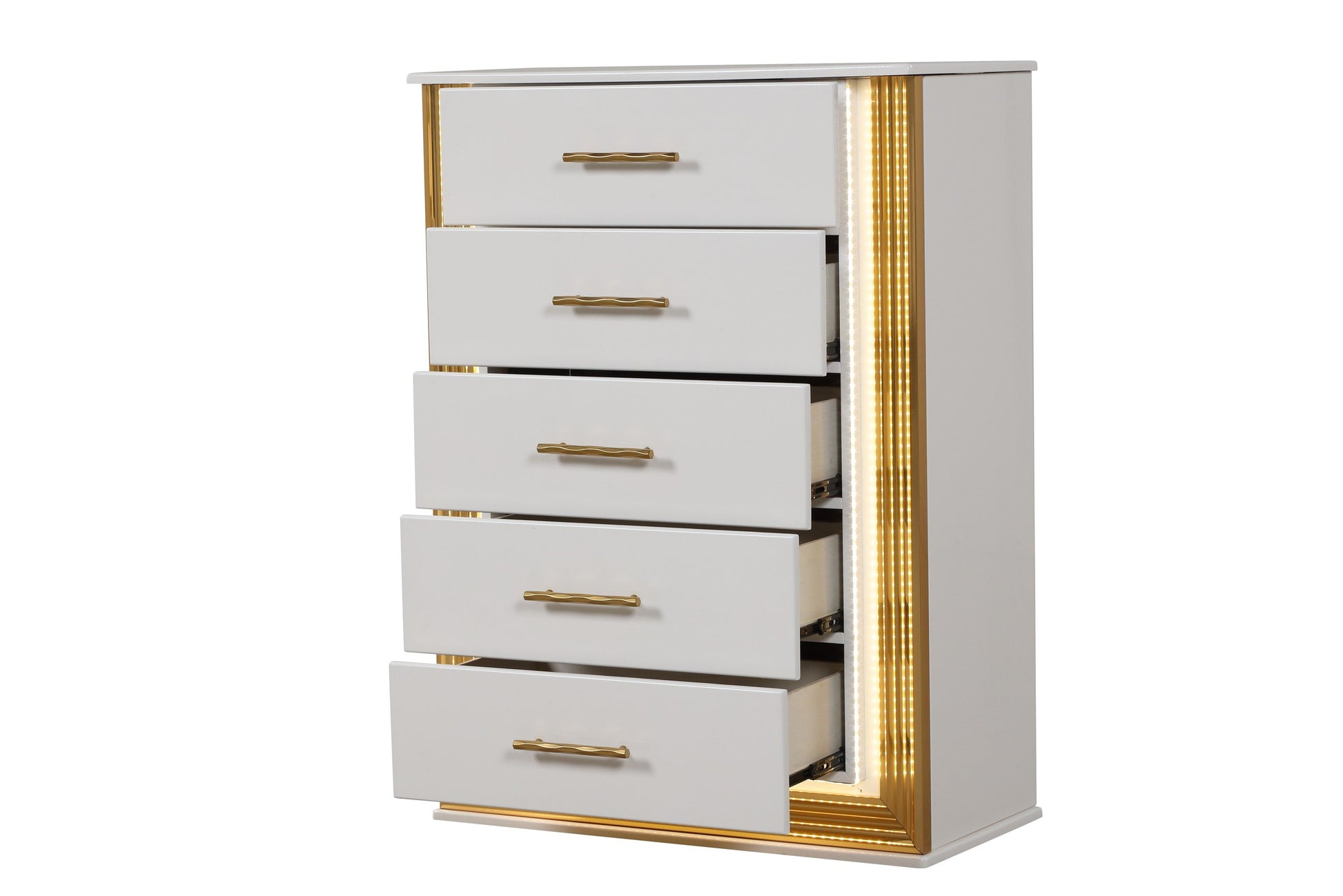 Contemporary Style 5Pc Queen Bedroom Set Made With Wood & Gold Finish Box Spring Not Required Queen White Wood 5 Piece Set Bedroom Bed Included,Chest Included,Dresser Included,Mirror Included,Nightstand Included Contemporary,Modern Solid Wood Mdf Built