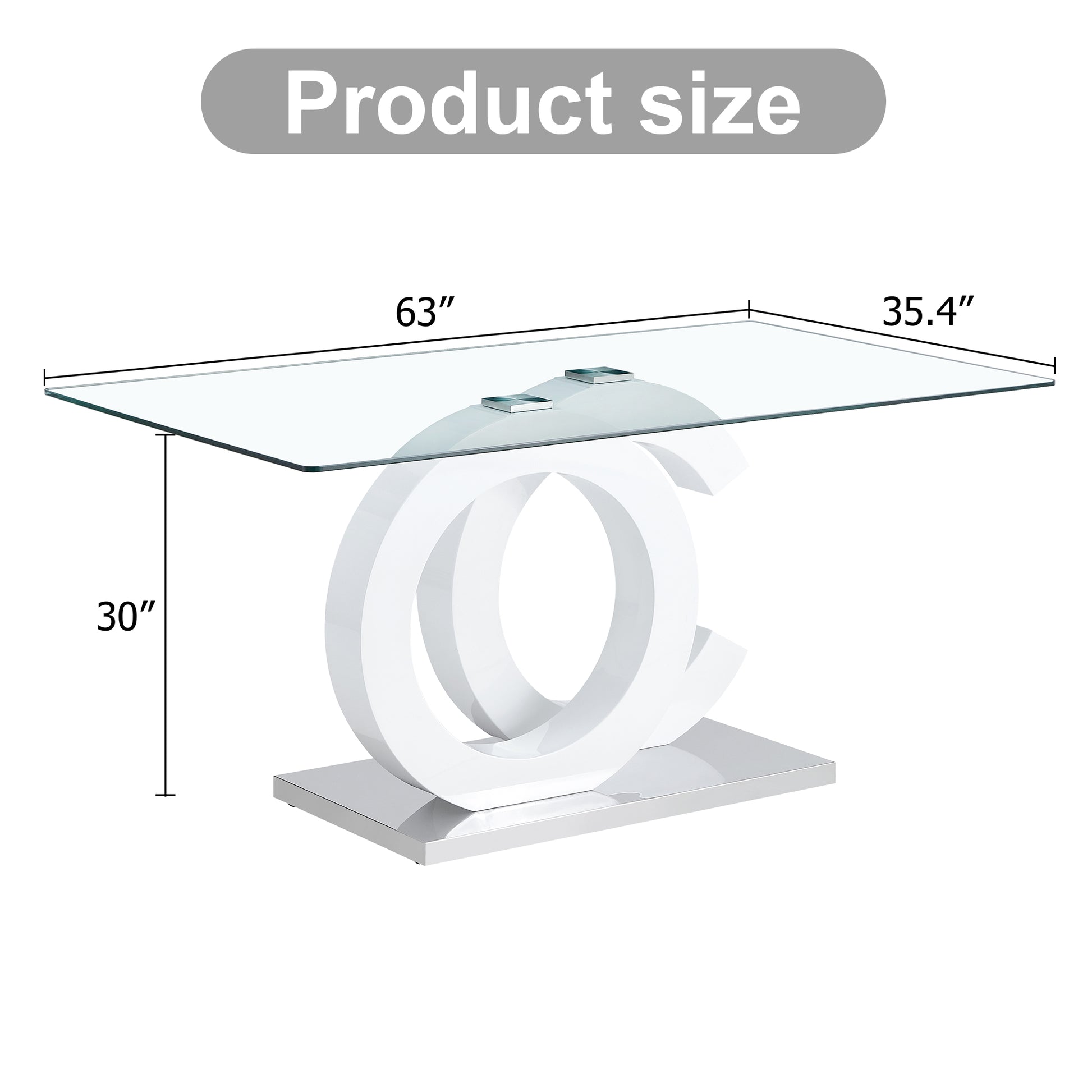 Large Modern Minimalist Rectangular Glass Dining Table, Suitable For 6 8 People, Equipped With 0.39 "Tempered Glass Tabletop, White Mdf Oc Shaped Bracket And Metal Base, Suitable For Kitchen White