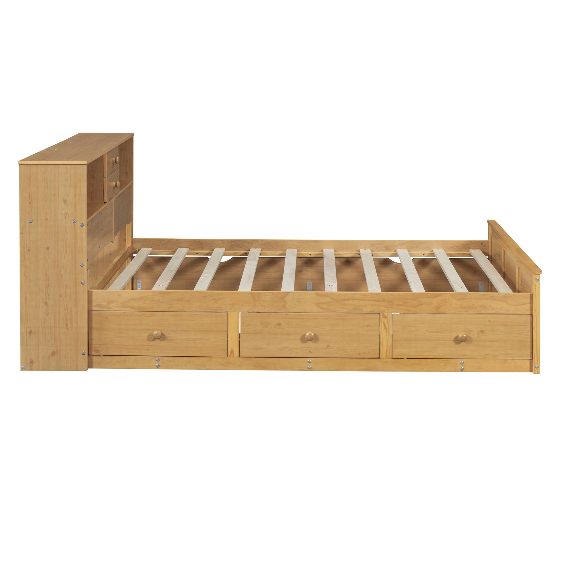 Full Size Wood Pltaform Bed With Twin Size Trundle, 3 Drawers, Upper Shelves And A Set Of Usb Ports & Sockets, Natural Natural Solid Wood Mdf