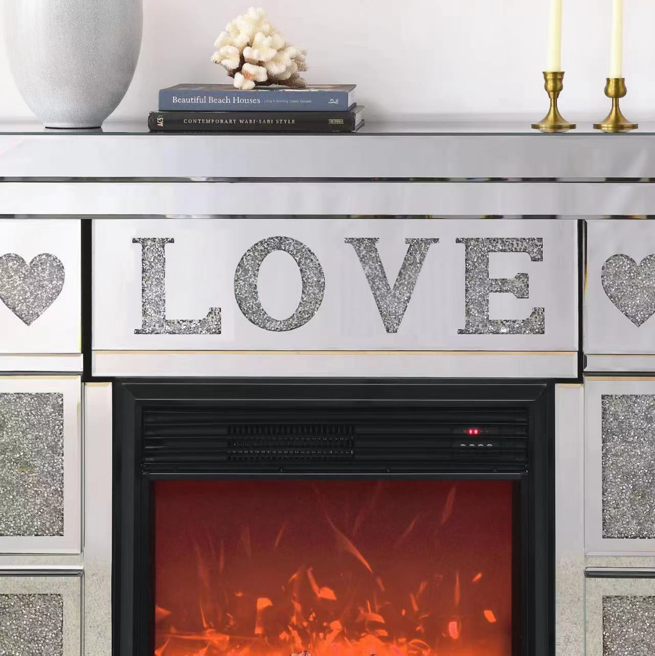 W 46" X D 12.6 X H 41"Acrylic Diamond Mirror Fireplace Cabinet, Tv Fireplace Cabinet Powder Coated Electric Bedroom Yes Freestanding Electric 41 50 Yes Silver 400 Natural Vent American Design Acrylic Mdf Glass