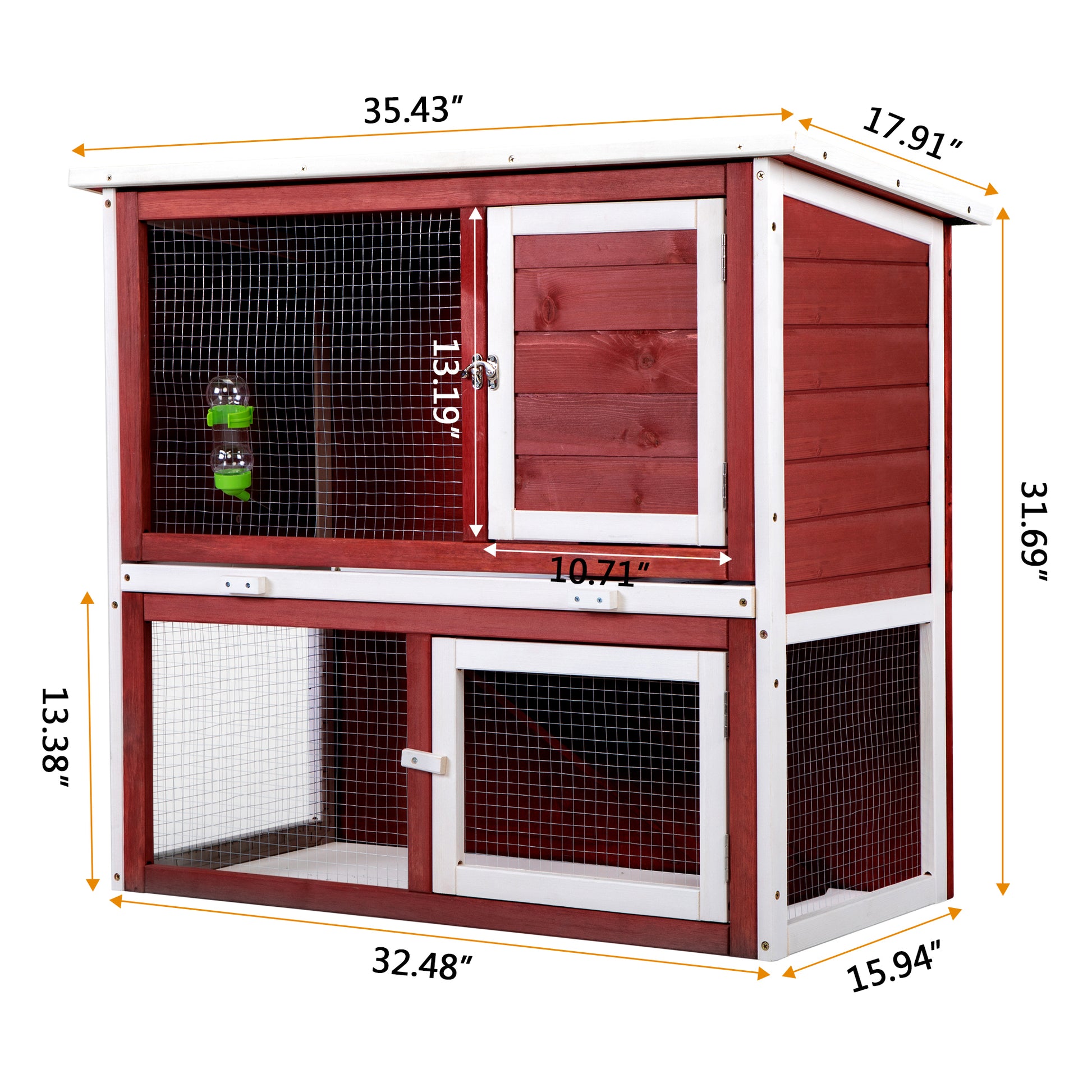 Wood Rabbit Hutch, Pet Playpen With 2 Stories, Ramp, Doors, Pull Out Tray, Water Bottle, Outdoor Enclosure For Small Animals Bunnies, Red And White Red Wood