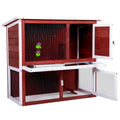 Wood Rabbit Hutch, Pet Playpen With 2 Stories, Ramp, Doors, Pull Out Tray, Water Bottle, Outdoor Enclosure For Small Animals Bunnies, Red And White Red Wood