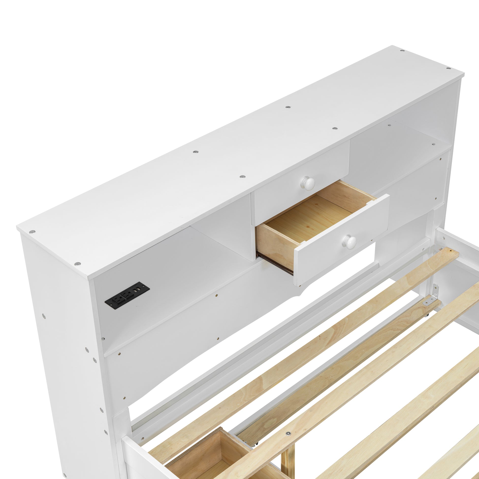Full Size Wood Pltaform Bed With Win Size Trundle, 3 Drawers, Upper Shelves And A Set Of Usb Ports & Sockets, White White Solid Wood Mdf