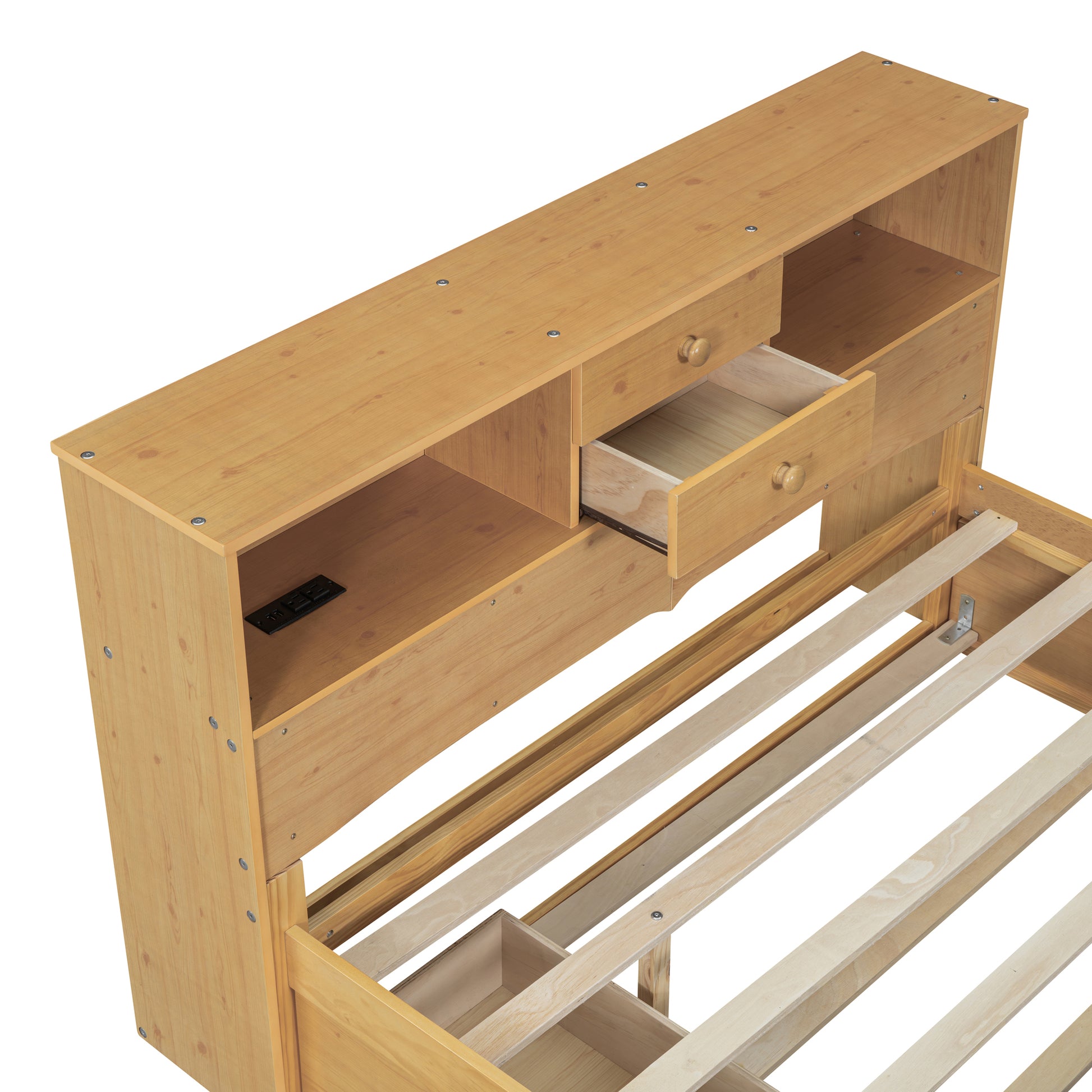 Full Size Wood Pltaform Bed With Twin Size Trundle, 3 Drawers, Upper Shelves And A Set Of Usb Ports & Sockets, Natural Natural Solid Wood Mdf