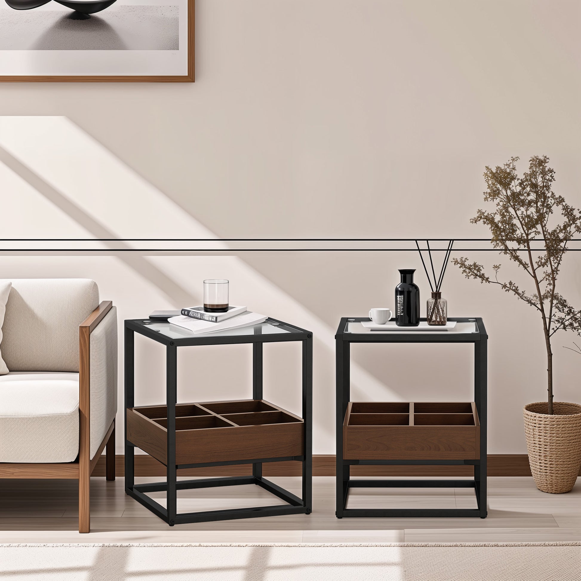 17.72" Modern Coffee Table Side Table, Nightstand With Storage Shelf And Metal Legs For Bedroom, Living Room Set Of 2 Black Mdf Glass