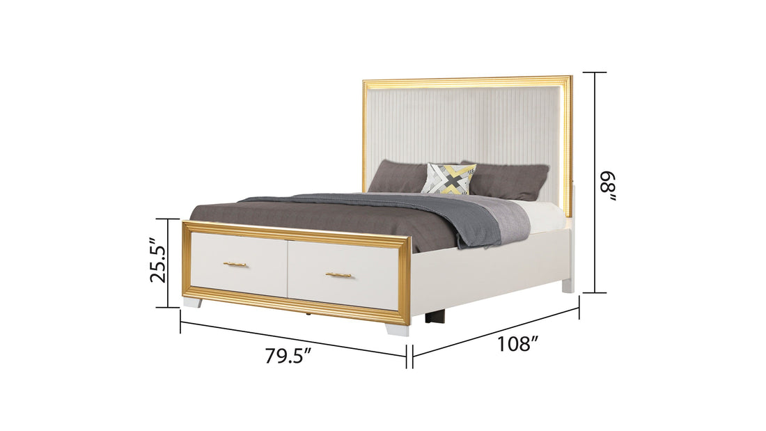 Contemporary Style King Tufted Bed Made With Wood & Gold Finish Box Spring Not Required King White Wood Bedroom Contemporary,Modern Slat Beds Solid Wood Mdf Wood