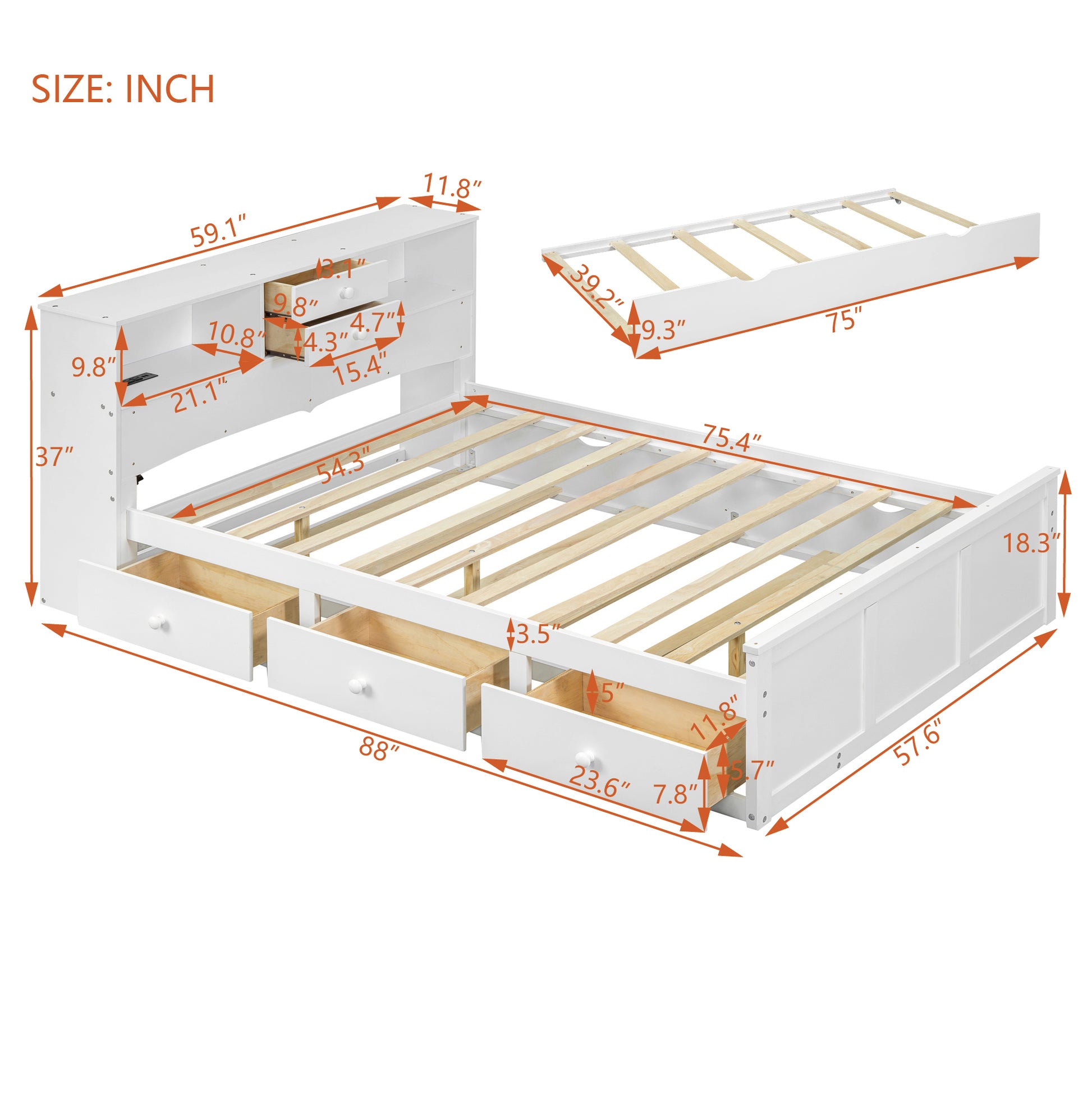 Full Size Wood Pltaform Bed With Win Size Trundle, 3 Drawers, Upper Shelves And A Set Of Usb Ports & Sockets, White White Solid Wood Mdf
