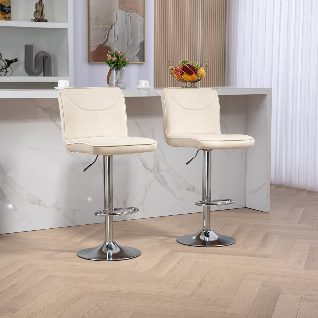 Coolmore Bar Stools With Back And Footrest Counter Height Dining Chairs 2Pc Set,360 Velvet Swivel Bar Stools Set Of 2, Adjustable Counter Height Bar Chairs Ivory Velvet Ivory Foam Velvet