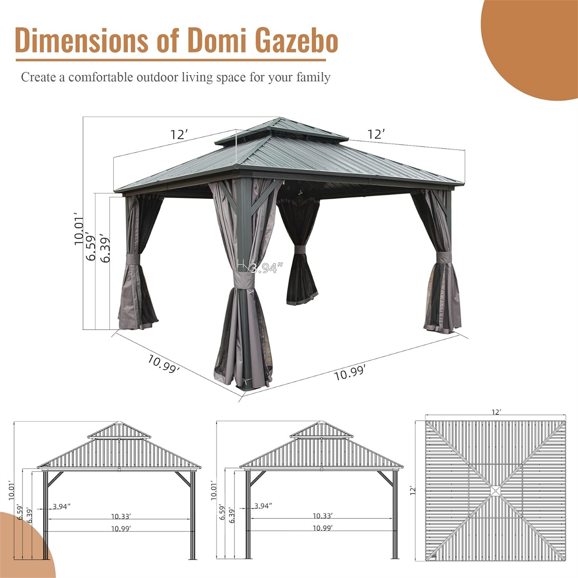 12' X 12' Hardtop Gazebo, Aluminum Metal Gazebo With Galvanized Steel Double Roof Canopy, Curtain And Netting, Permanent Gazebo Pavilion For Patio, Backyard, Deck, Lawn Gray Aluminum