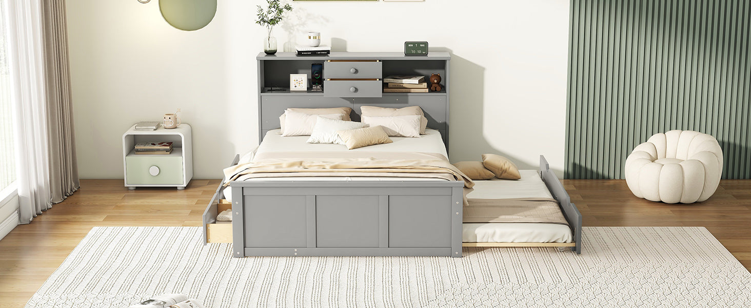 Full Size Wood Pltaform Bed With Win Size Trundle, 3 Drawers, Upper Shelves And A Set Of Usb Ports & Sockets, Gray Gray Solid Wood Mdf