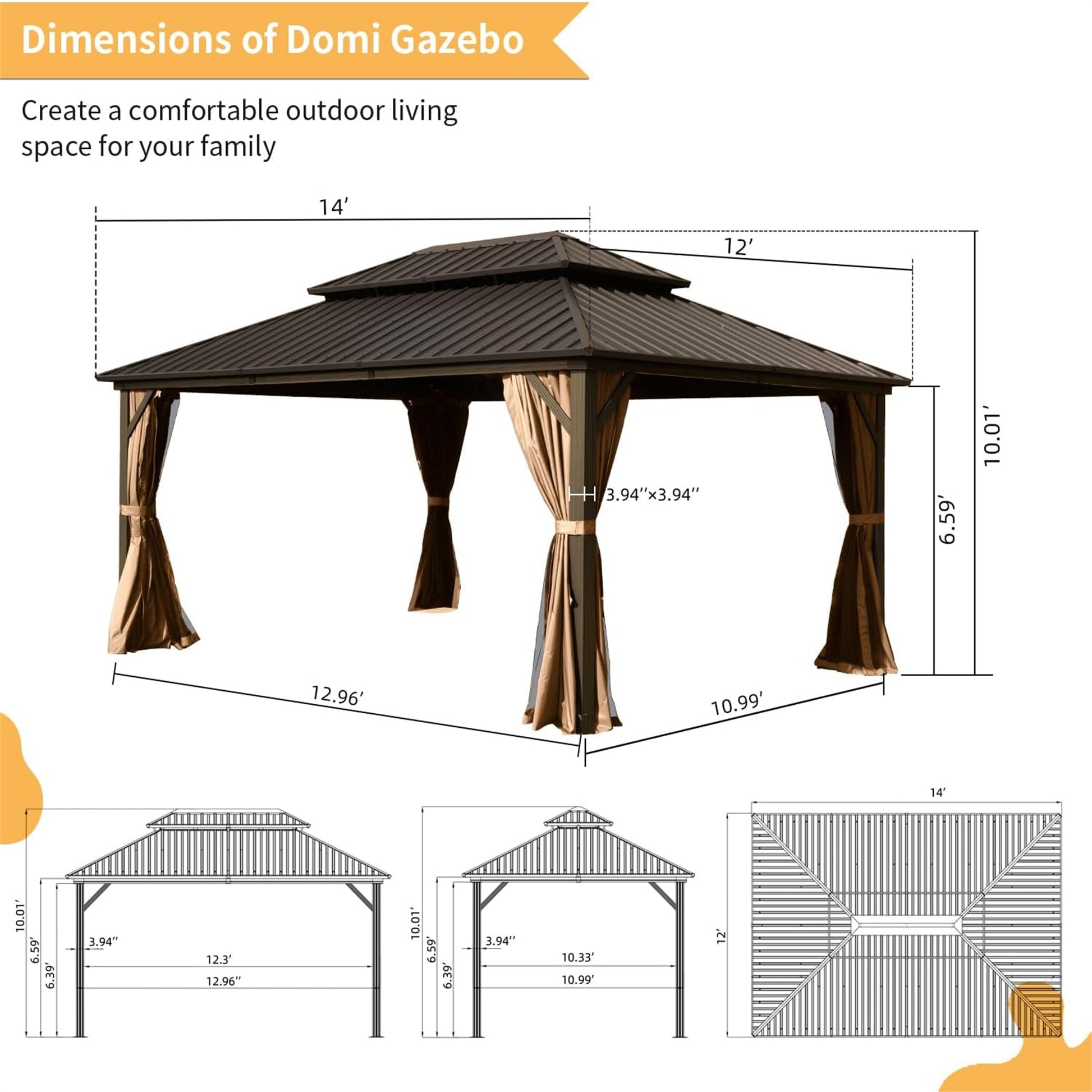 12' X 14' Hardtop Gazebo, Aluminum Metal Gazebo With Galvanized Steel Double Roof Canopy, Curtain And Netting, Permanent Gazebo Pavilion For Party, Wedding, Outdoor Dining, Brown Brown Aluminum