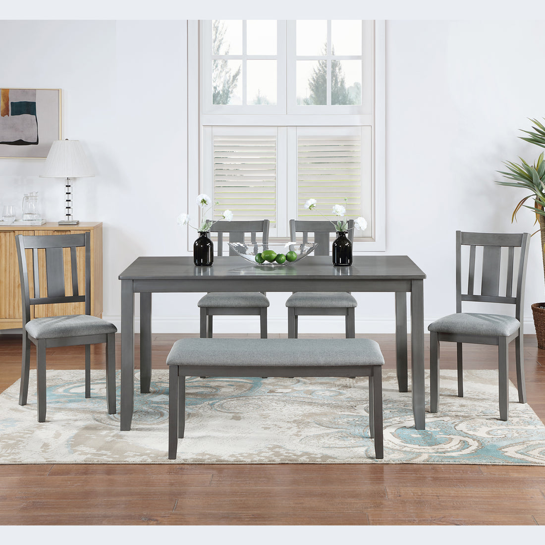 6 Piece Kitchen Dining Set, Rectangular Wooden Dining Table With 4 Upholstered Chairs And A Bench, Dining Table Set For 6 People, Living Room, Home Bar And Kitchen, Gray Upholstered Chair Wood Gray Seats 6 Wood Dining Room Acacia 4 Leg Rectangular Dining