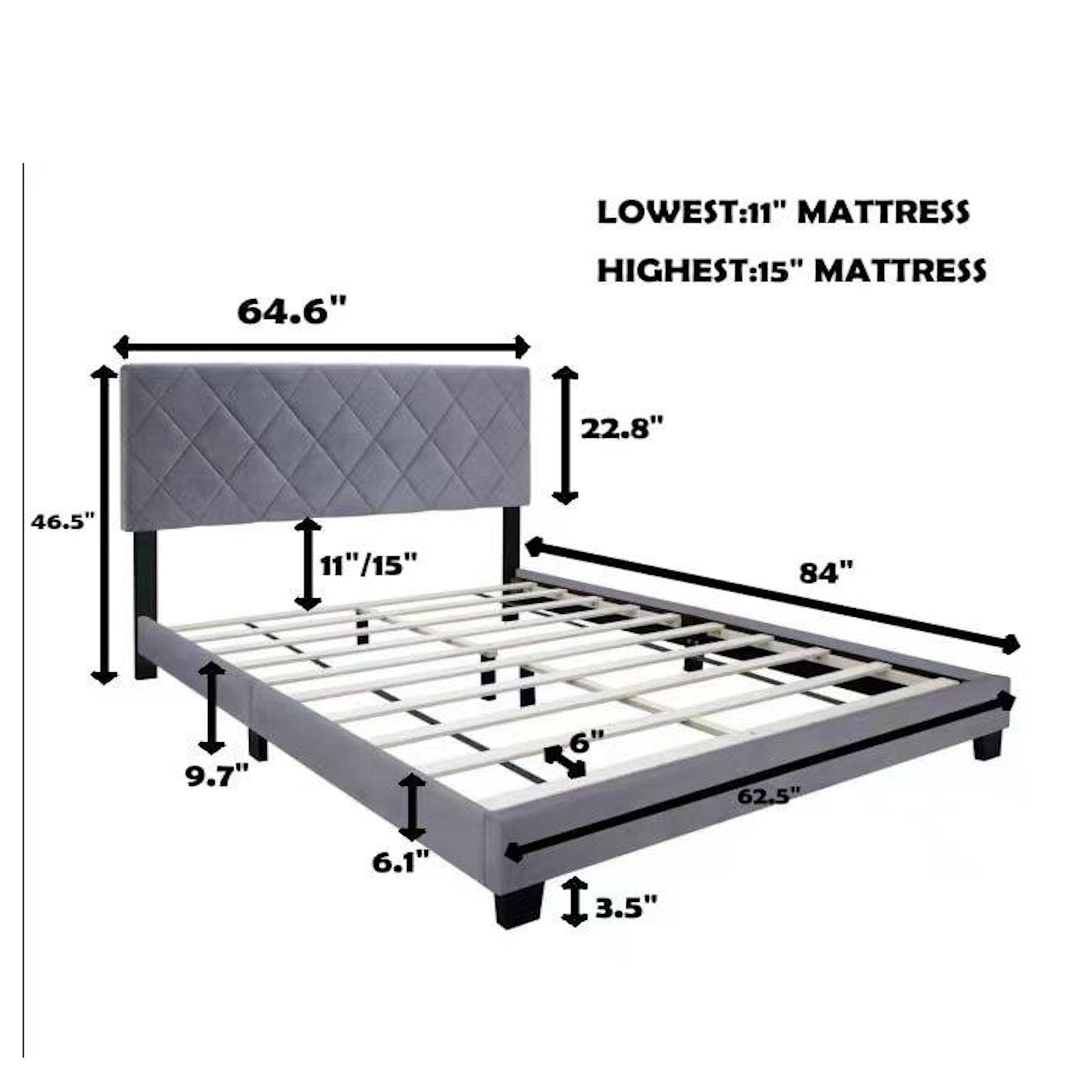 Gray Queen Size Adjustable Bed Frame Velvet Fabric Comfortable And Simple Versatile Style Make The Room Feel More Layered Box Spring Not Required Queen Gray Wood Espresso Bedroom American Design,Contemporary,Grunge,Minimalist Rubberwood Adjustable