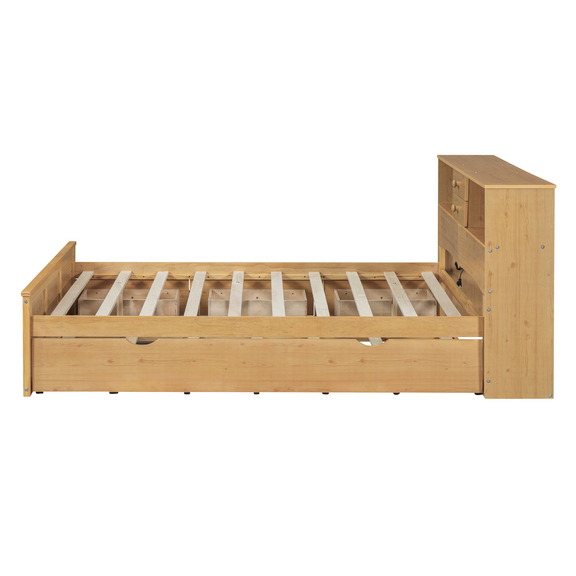Full Size Wood Pltaform Bed With Twin Size Trundle, 3 Drawers, Upper Shelves And A Set Of Usb Ports & Sockets, Natural Natural Solid Wood Mdf