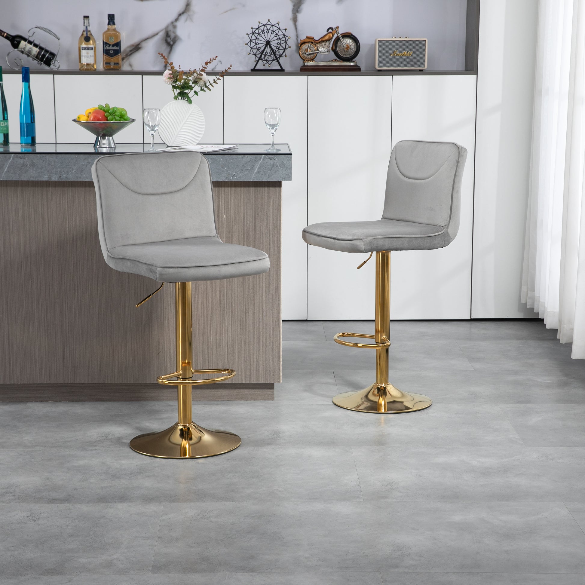 Coolmore Bar Stools With Back And Footrest Counter Height Dining Chairs 2Pc Set,360 Velvet Swivel Bar Stools Set Of 2, Adjustable Counter Height Bar Chairs Gray Velvet Gray Primary Living Space Foam Velvet