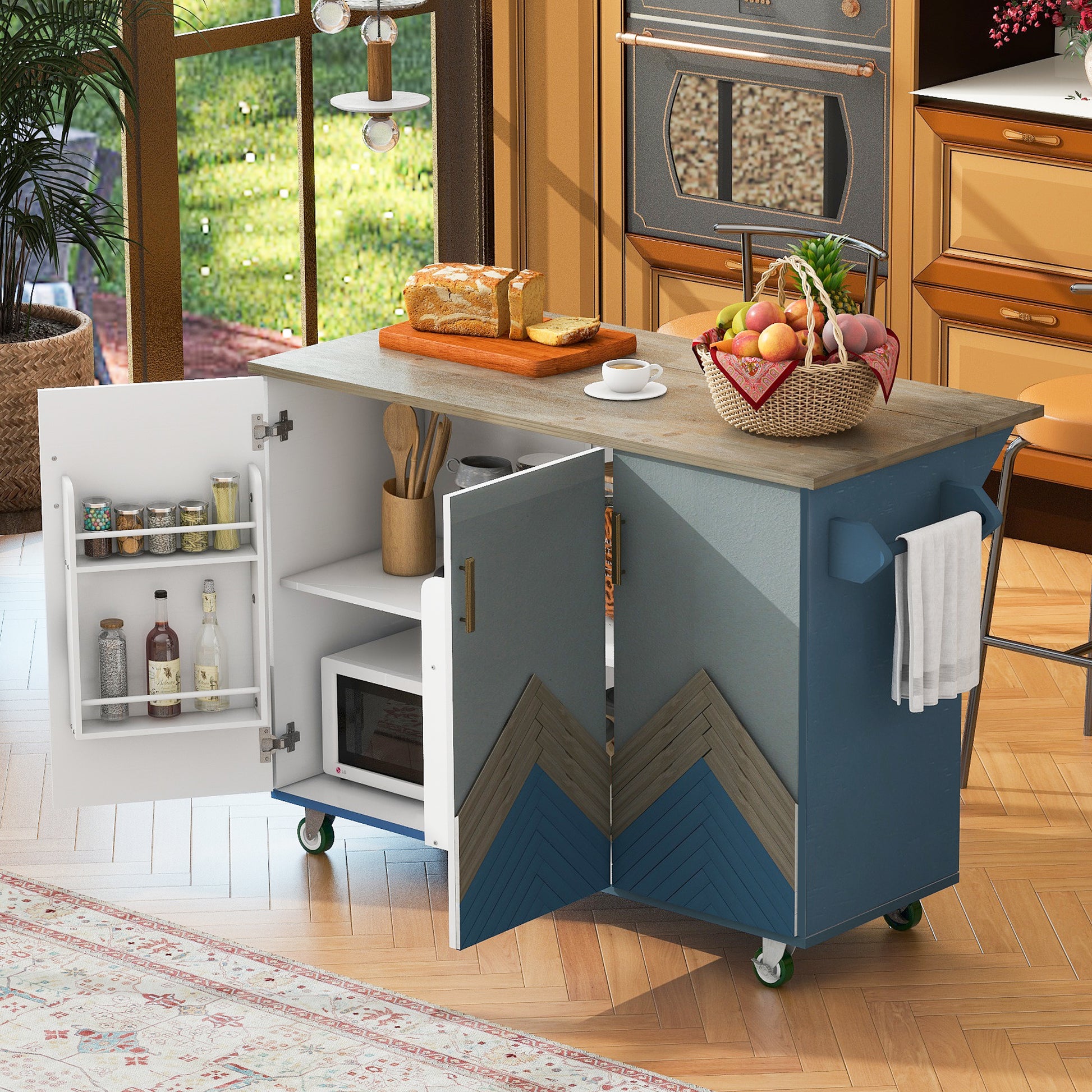 Retro Mountain Wood 47"D Kitchen Island With Drop Leaf, Accent Cabinet With Internal Storage Rack, Farmhouse Rolling Kitchen Cart On Wheels For Living Room, Kitchen, Dining Room Navy Blue Navy Blue Kitchen Classic,European,Modern Rectangular Kitchen