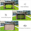 12' X 12' Hardtop Gazebo, Aluminum Metal Gazebo With Galvanized Steel Double Roof Canopy, Curtain And Netting, Permanent Gazebo Pavilion For Party, Wedding, Outdoor Dining, Brown Brown Aluminum