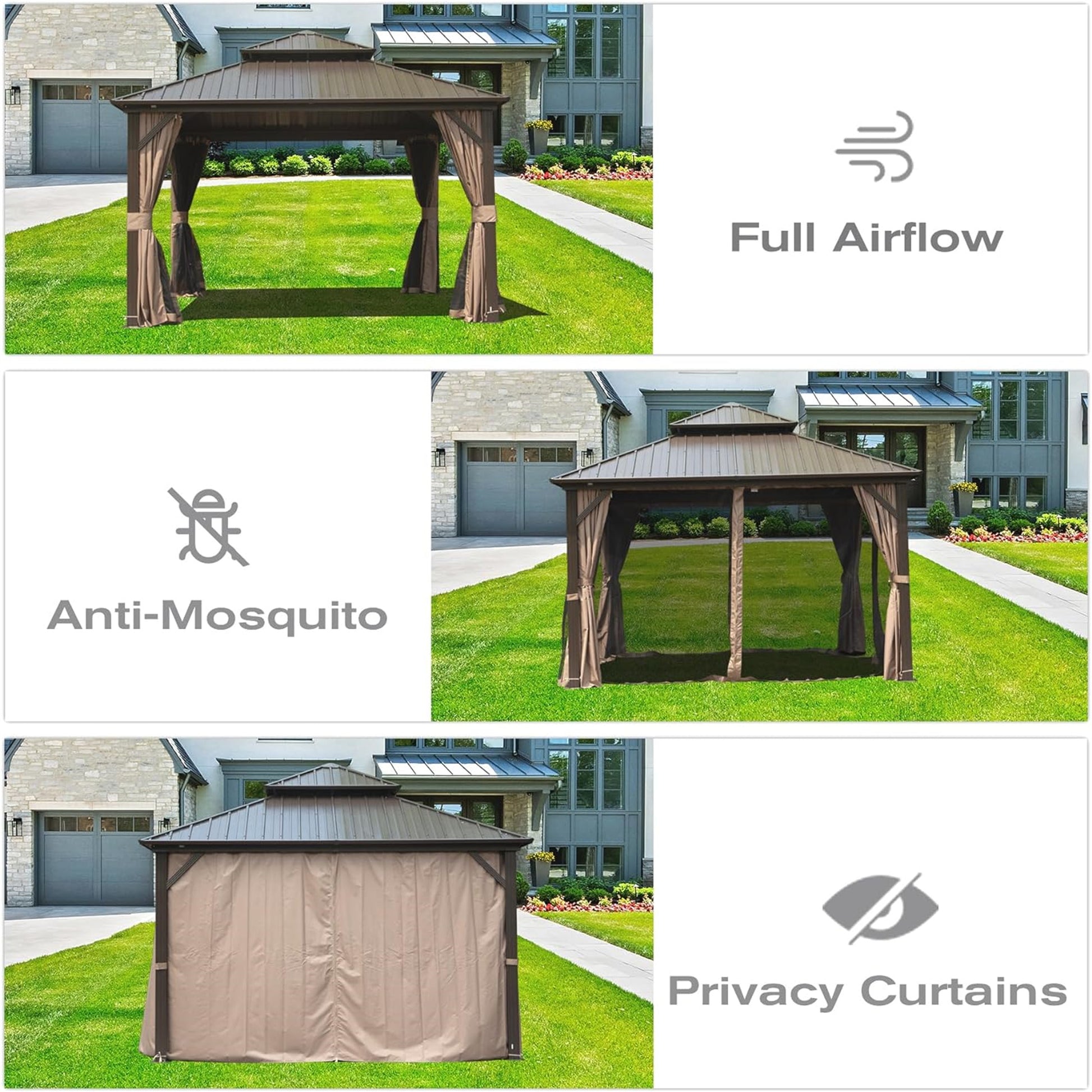 12' X 12' Hardtop Gazebo, Aluminum Metal Gazebo With Galvanized Steel Double Roof Canopy, Curtain And Netting, Permanent Gazebo Pavilion For Party, Wedding, Outdoor Dining, Brown Brown Aluminum