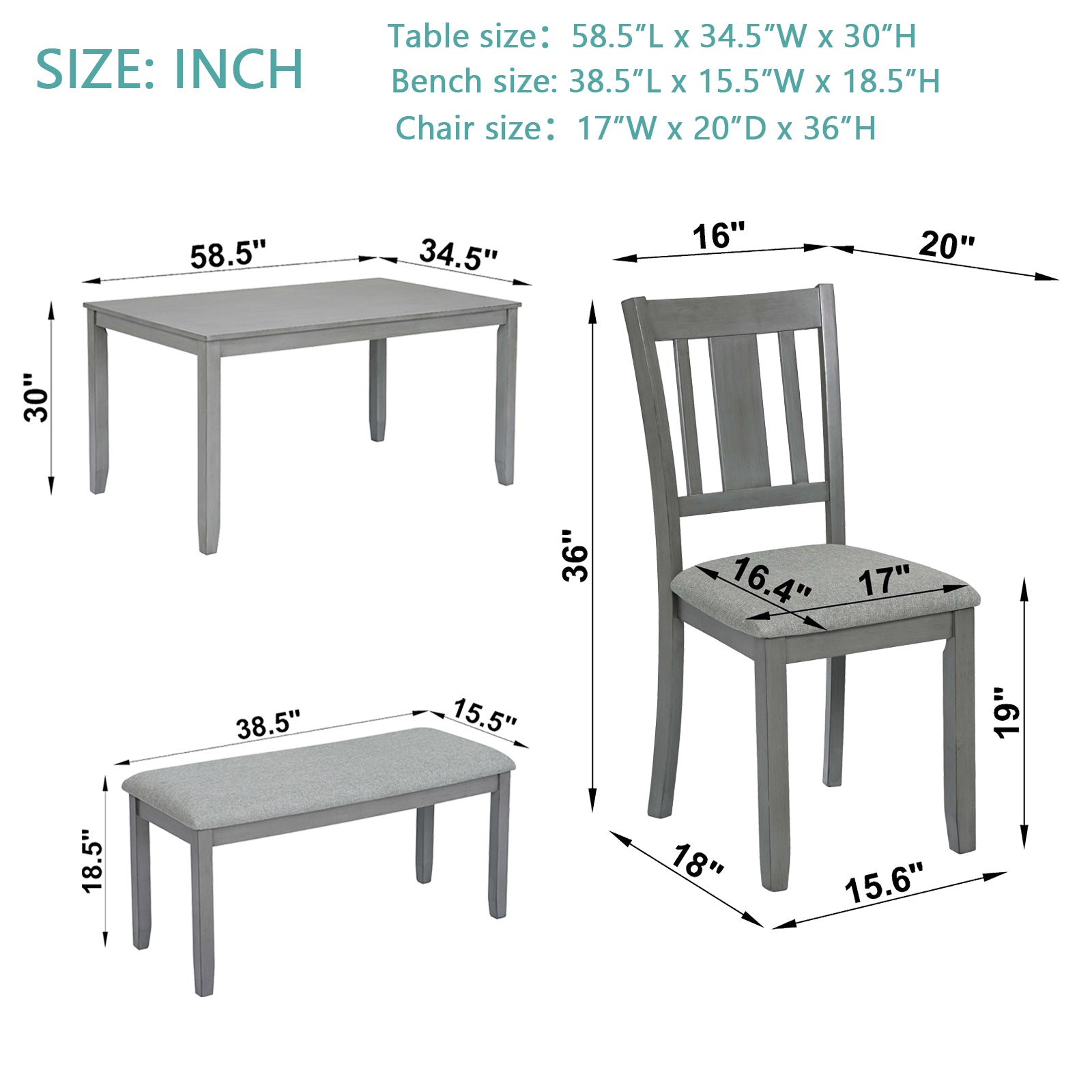 6 Piece Kitchen Dining Set, Rectangular Wooden Dining Table With 4 Upholstered Chairs And A Bench, Dining Table Set For 6 People, Living Room, Home Bar And Kitchen, Gray Upholstered Chair Wood Gray Seats 6 Wood Dining Room Acacia 4 Leg Rectangular Dining