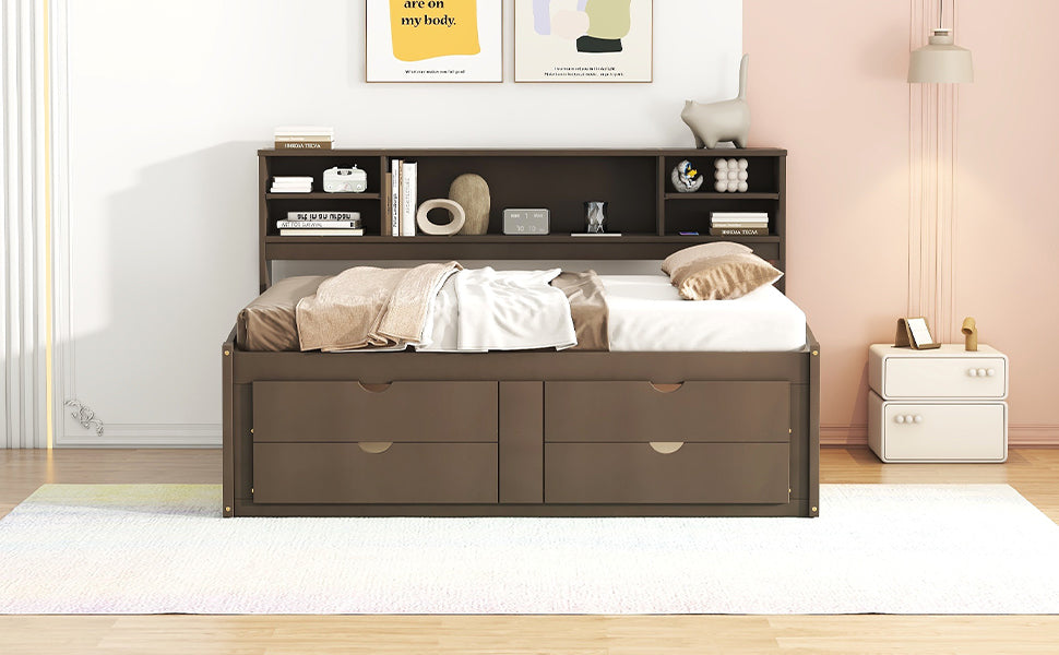 Full Size Wood Daybed With 2 Bedside Cabinets, Upper Shelves And 4 Drawers, Antique Brown Antique Brown Solid Wood Mdf