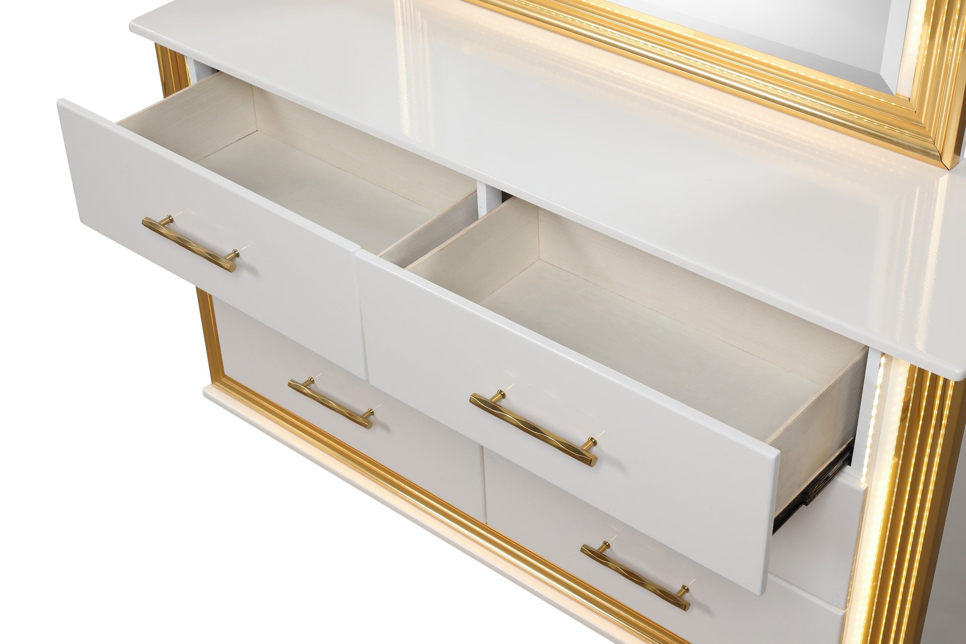 Contemporary Style 5Pc Queen Bedroom Set Made With Wood & Gold Finish Box Spring Not Required Queen White Wood 5 Piece Set Bedroom Bed Included,Chest Included,Dresser Included,Mirror Included,Nightstand Included Contemporary,Modern Solid Wood Mdf Built