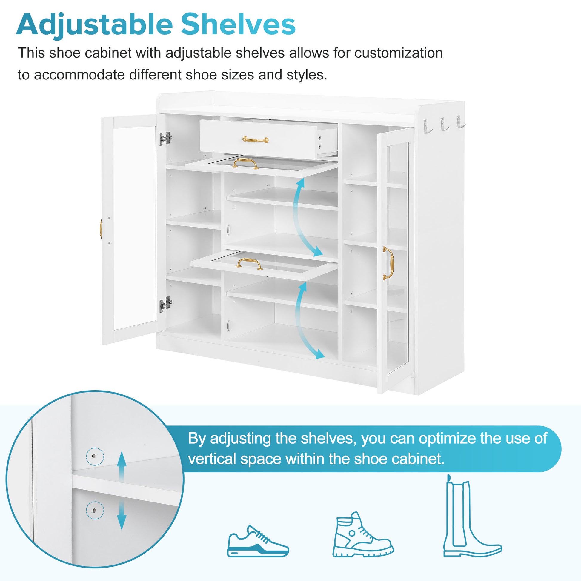 Modernist Side Cabinet With 4 Glass Doors & 3 Hooks, Freestanding Shoe Rack With Multiple Adjustable Shelves, Versatile Display Cabinet With Gold Handles For Hallway, Living Room, White 5 Or More Spaces White Primary Living Space Adjustable Shelves