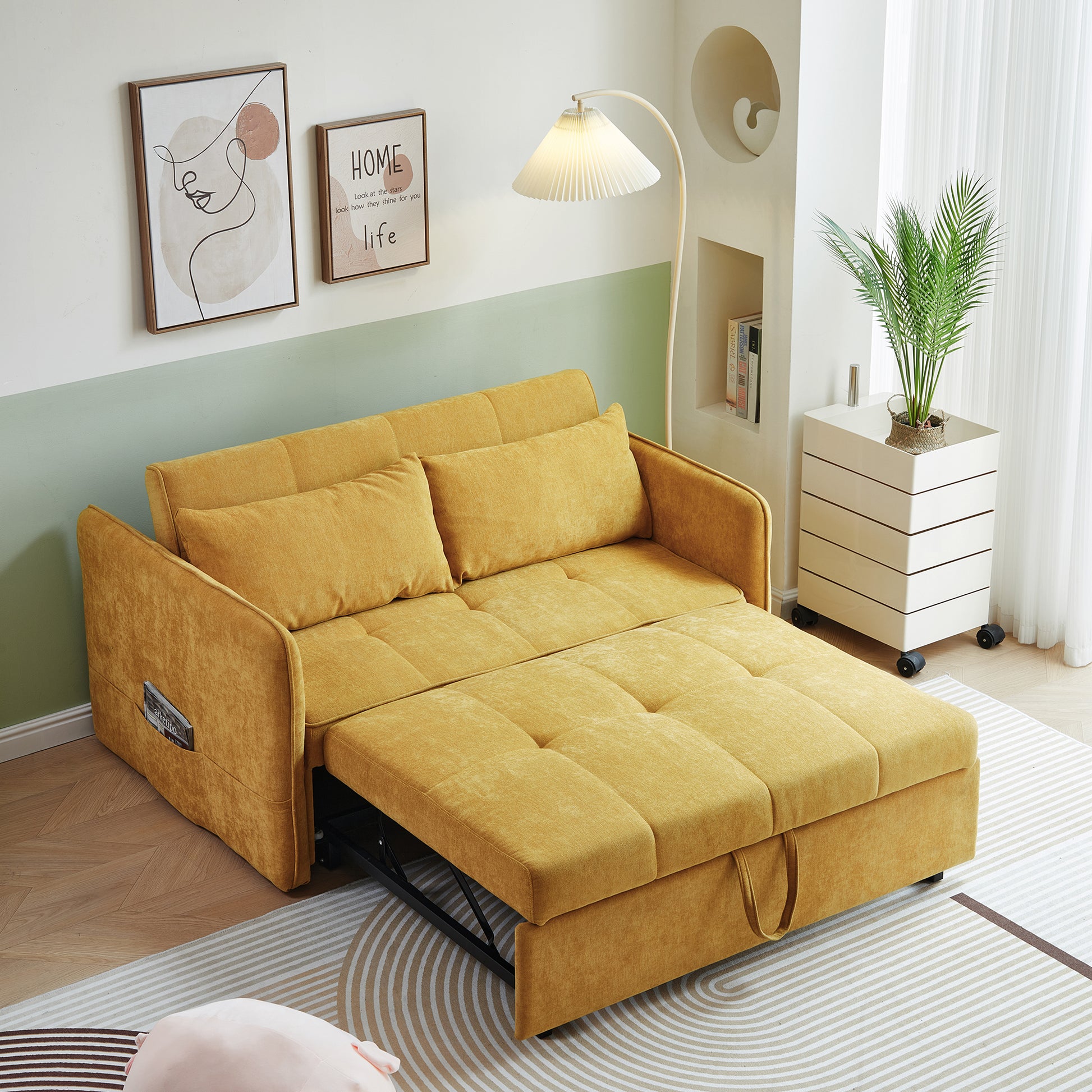 Chenille Fabric Pull Out Sofa Bed,Sleeper Seat Couch With Adjustable Armrests Yellow Yellow Modern Fabric 2 Seat