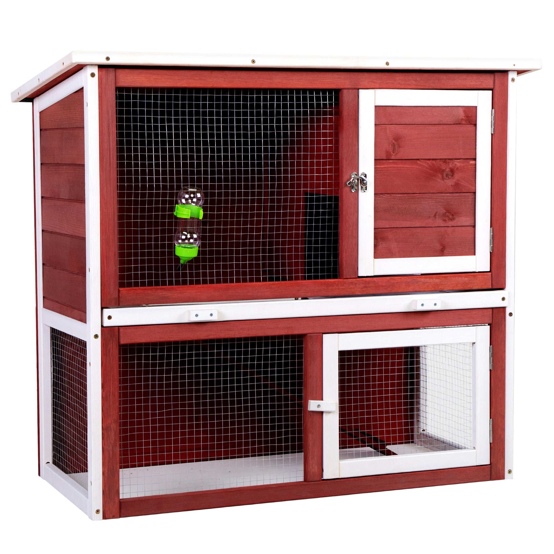 Wood Rabbit Hutch, Pet Playpen With 2 Stories, Ramp, Doors, Pull Out Tray, Water Bottle, Outdoor Enclosure For Small Animals Bunnies, Red And White Red Wood